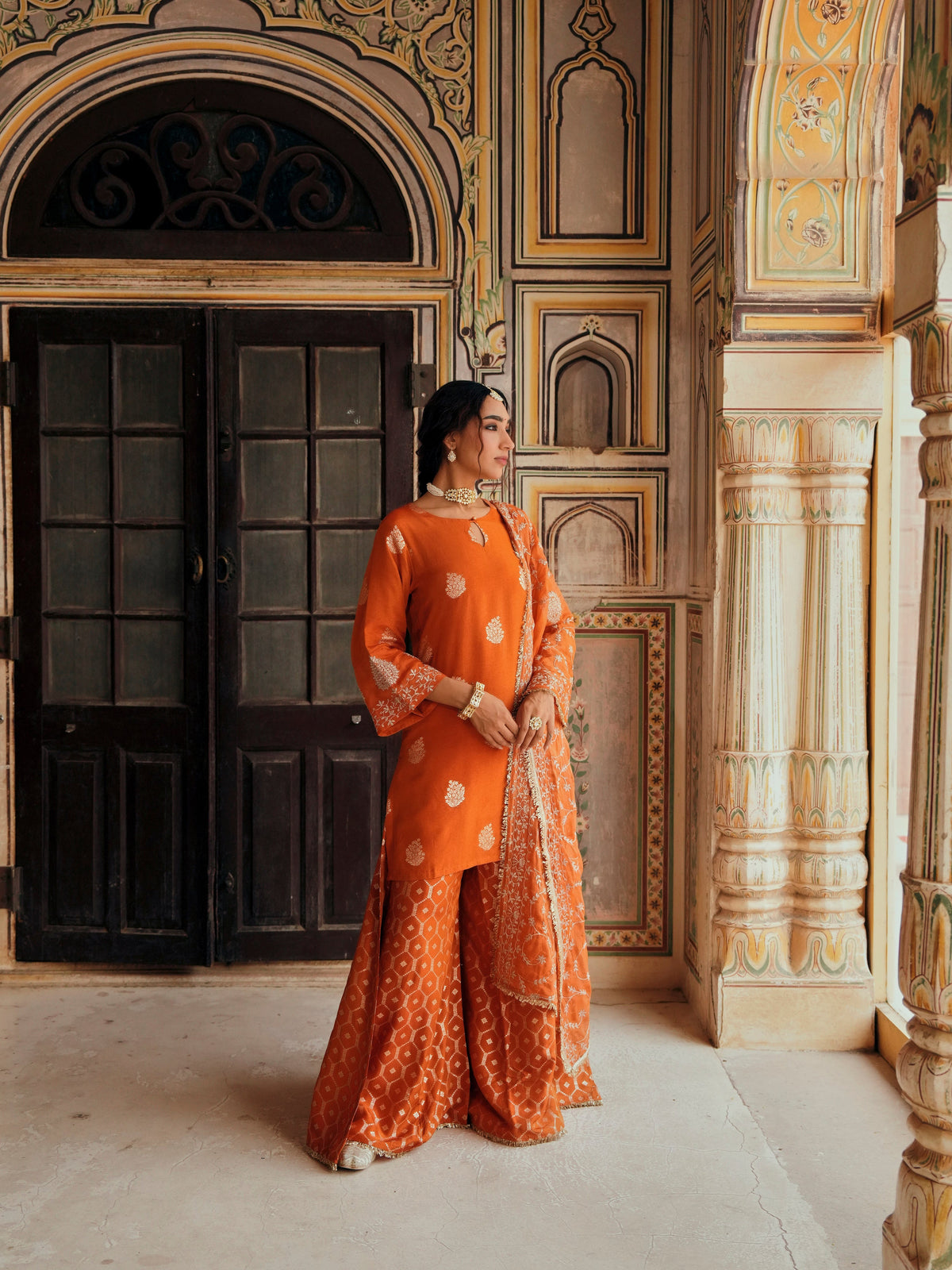 Rust Orange Embellished Pure Banarasi Sharara Set