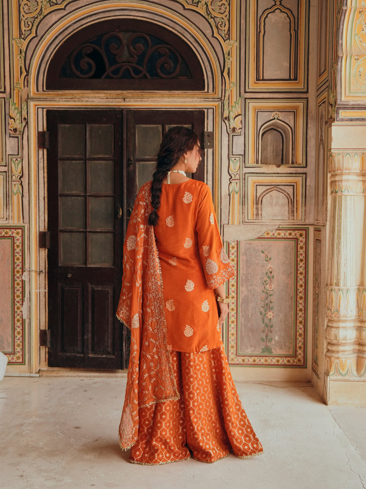 Rust Orange Embellished Pure Banarasi Sharara Set
