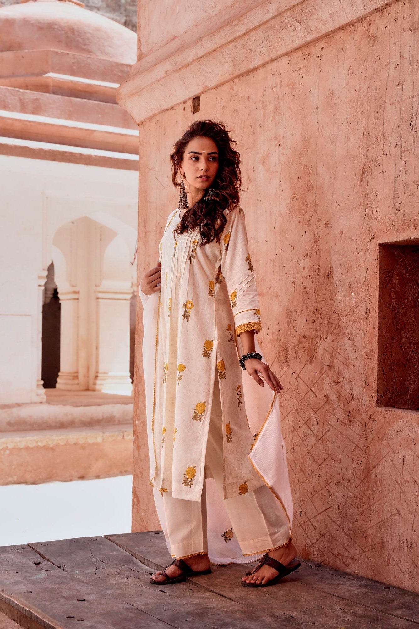 Marigold Blossom Off-White Printed Mul-Cotton Pant Set