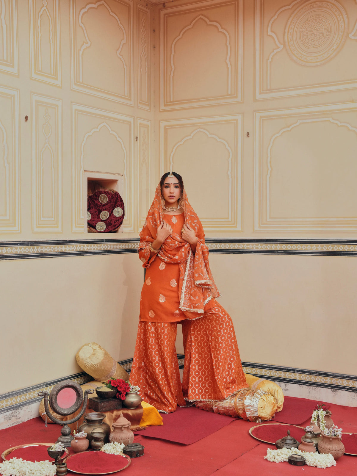 Rust Orange Embellished Pure Banarasi Sharara Set