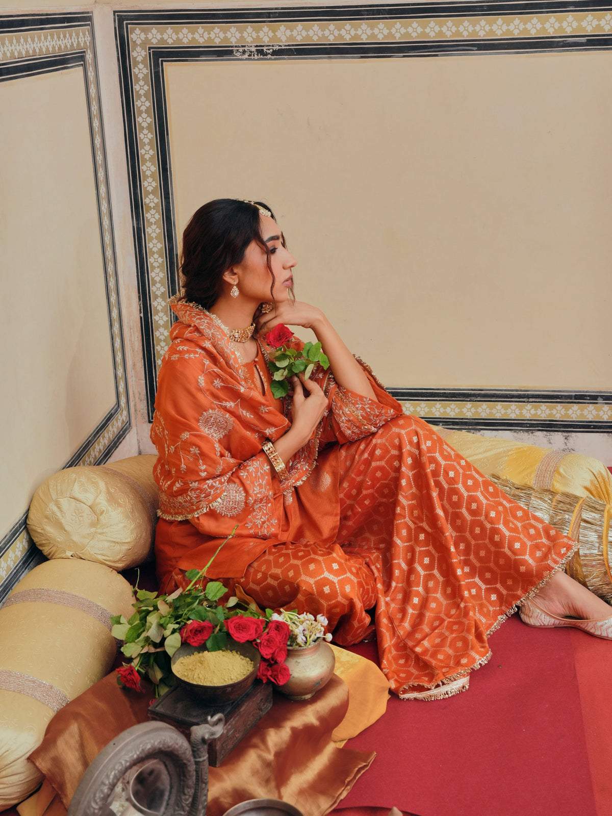 Rust Orange Embellished Pure Banarasi Sharara Set