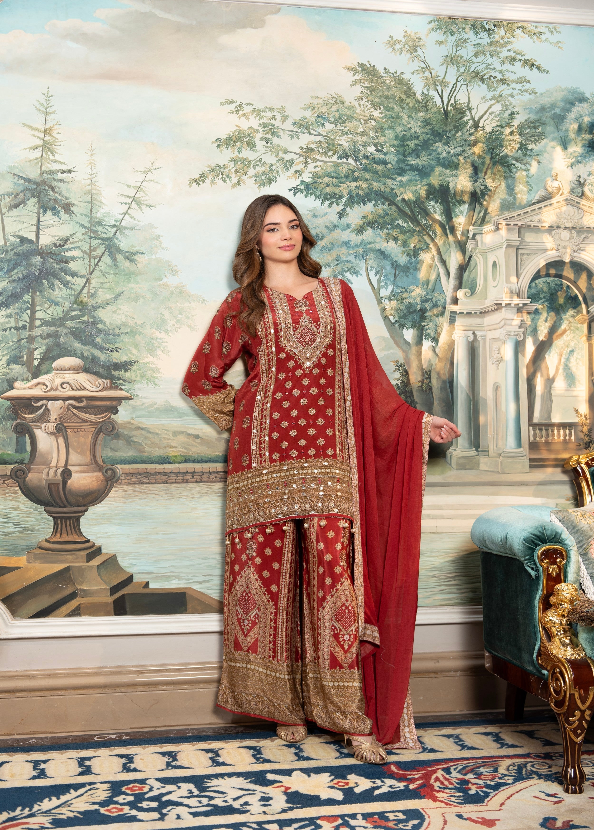 Terracotta Embellished Crepe Silk Palazzo Set