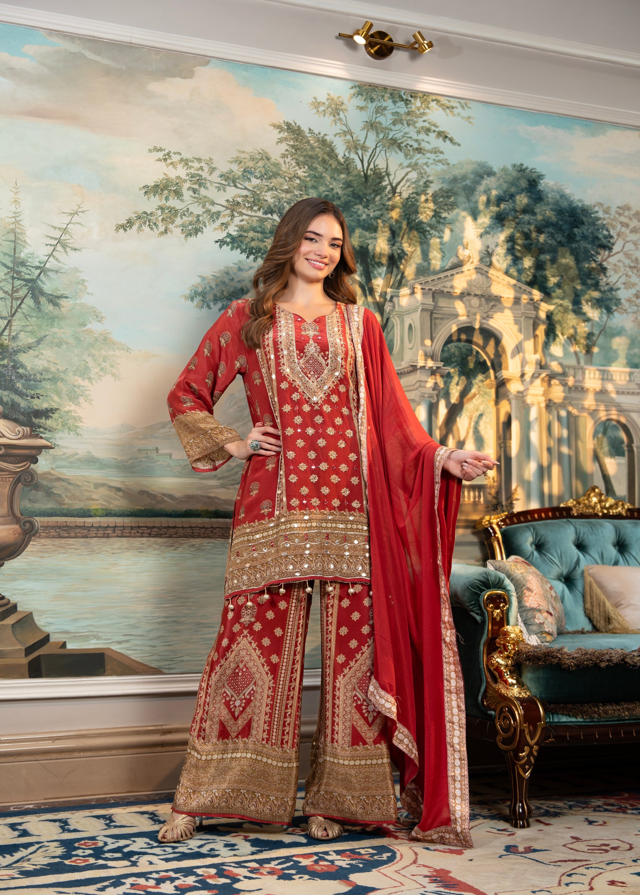 Terracotta Embellished Crepe Silk Palazzo Set