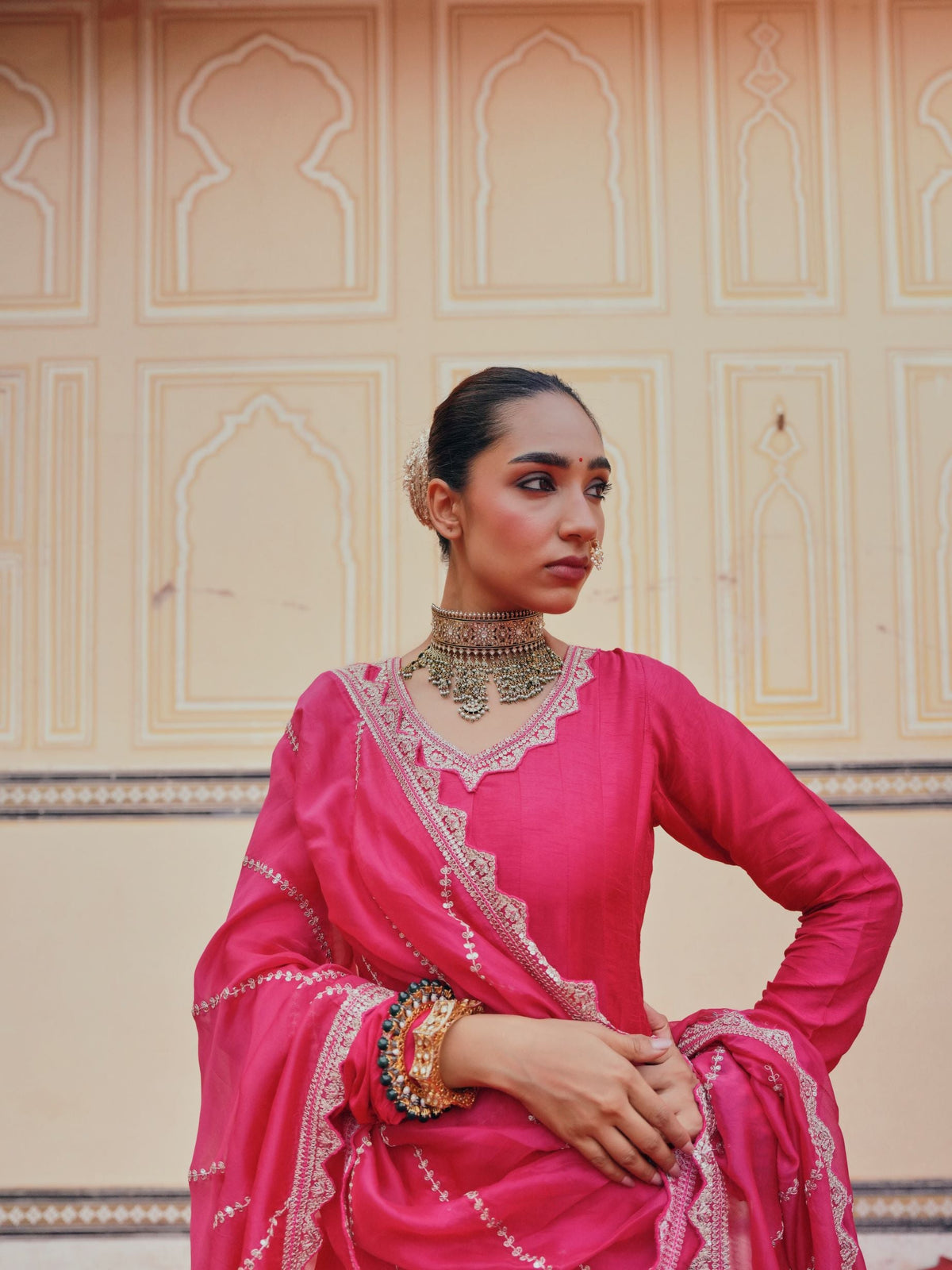 Rani Pink Embellished Dola Silk Anarkali Set
