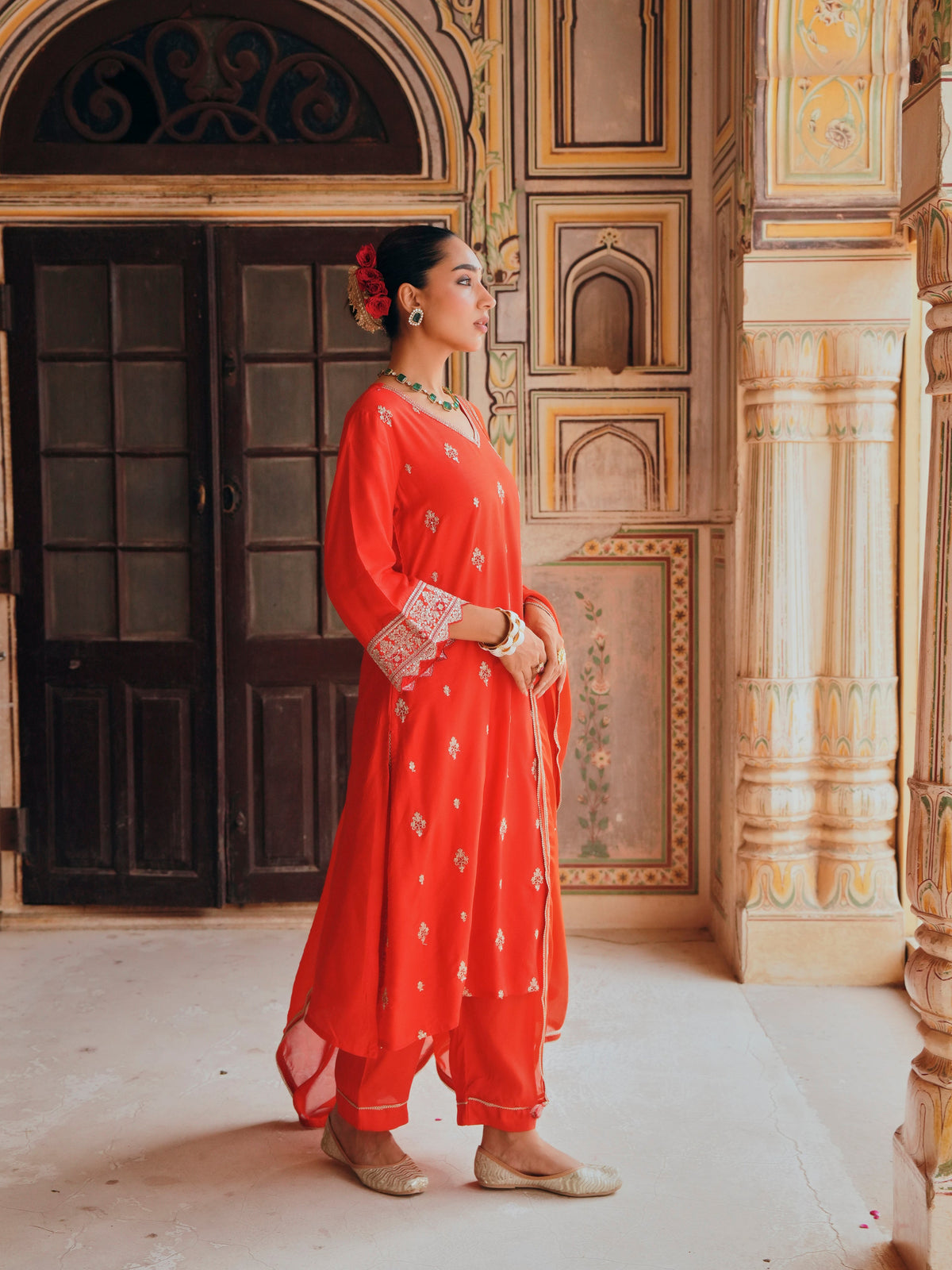Coral Red Embellished Dola Silk Pant Set