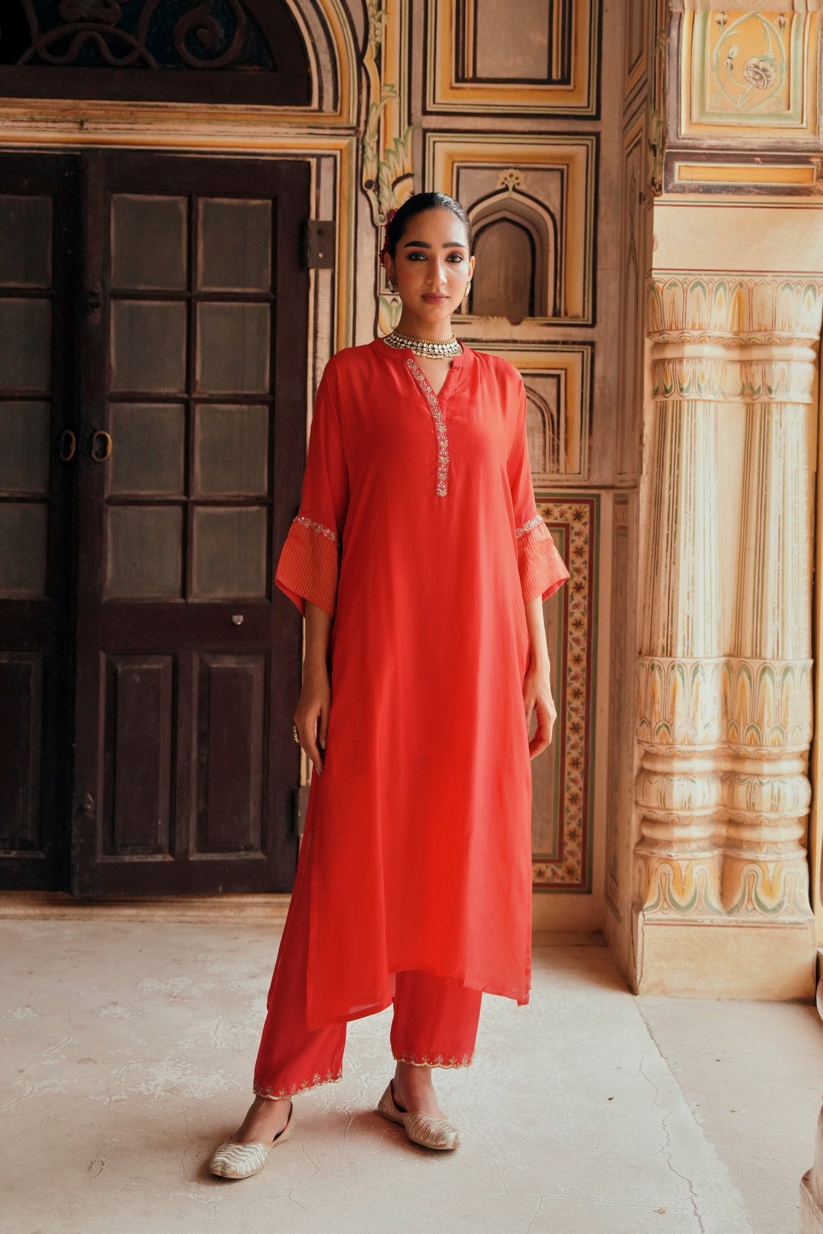 Red Embellished Tabby Silk Kurta Set