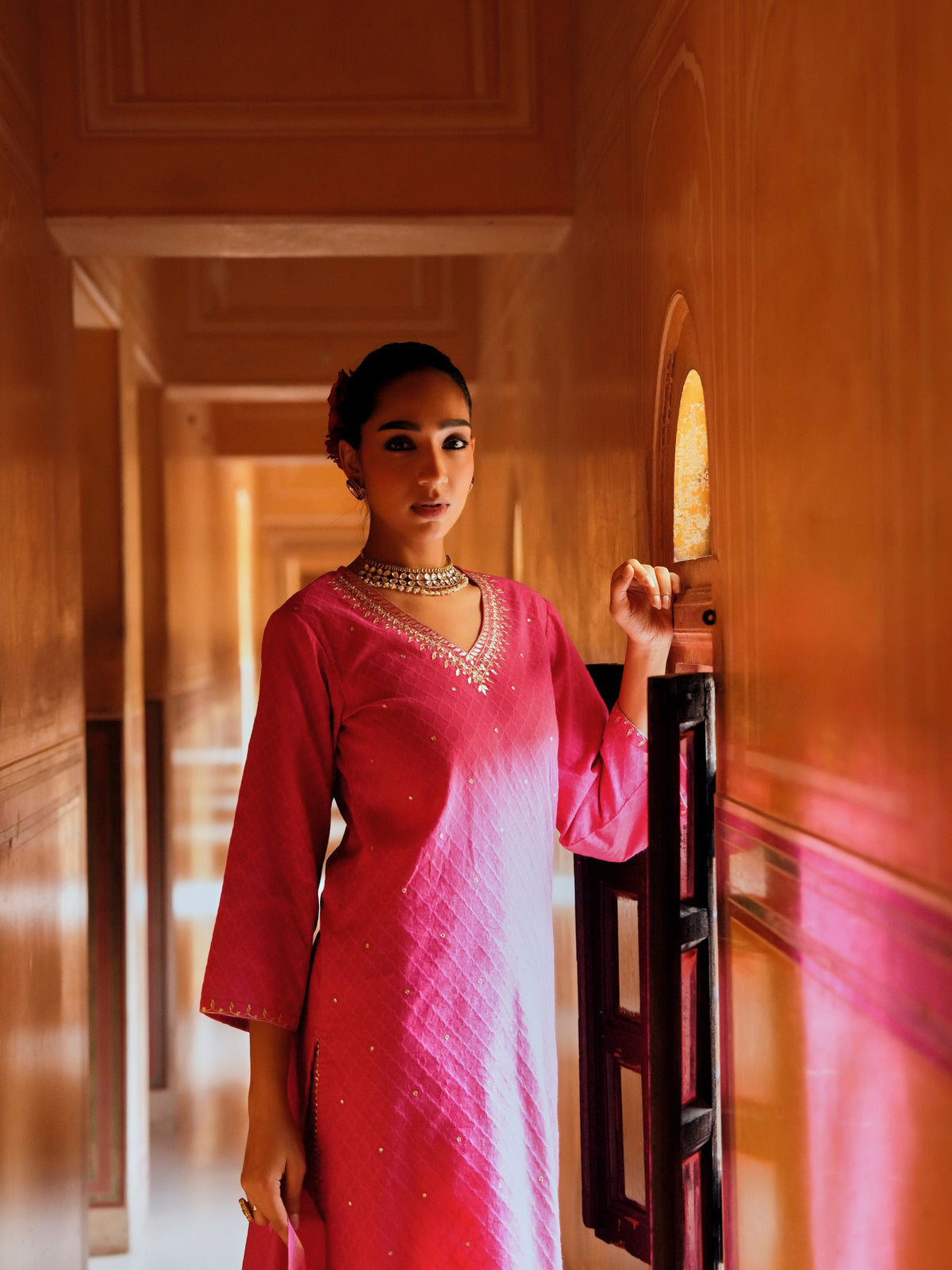 Bright Pink Embellished Banarasi Cotton Patola Kurta Set