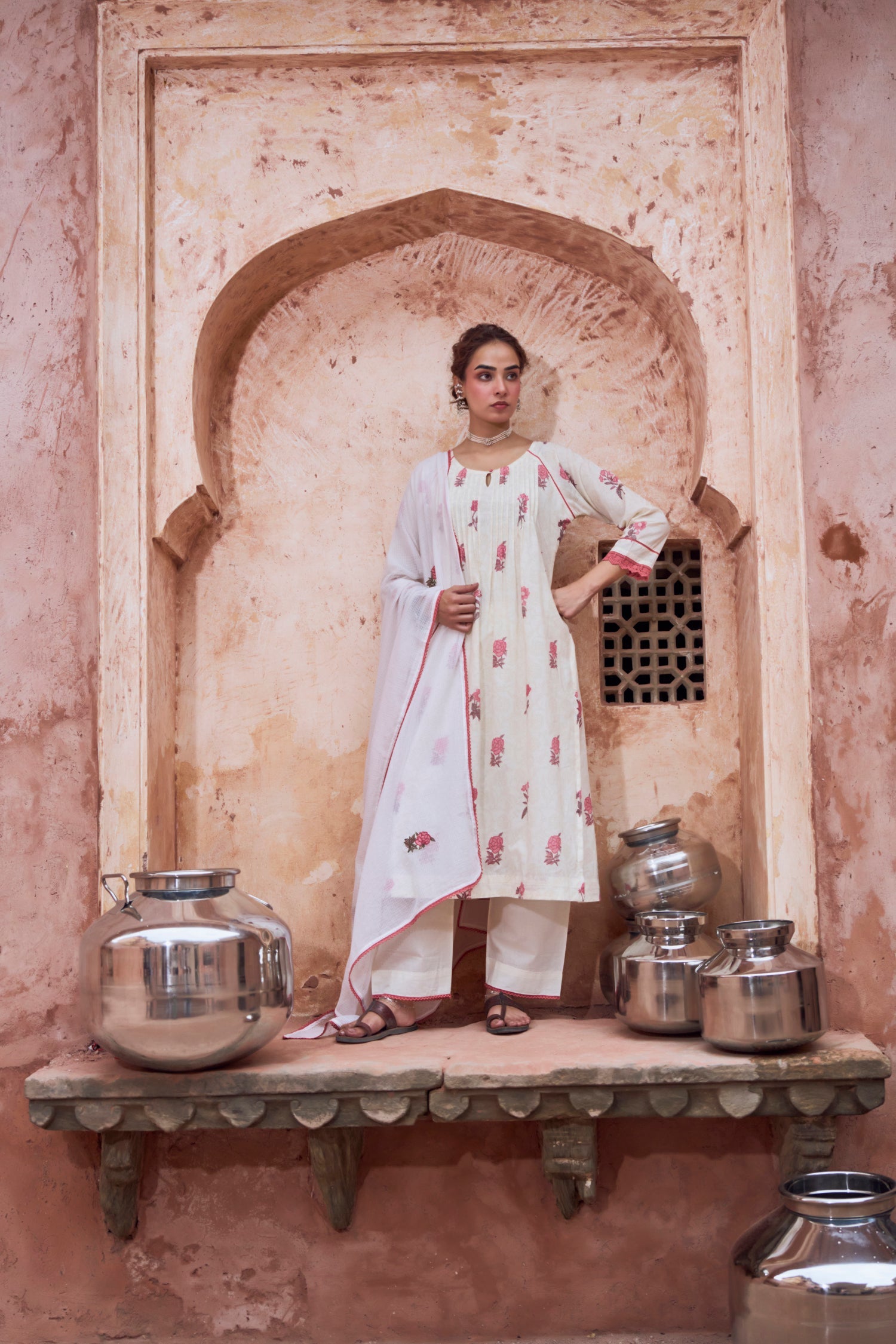 Roseate Bloom Off-White Printed Mul-Cotton Pant Set