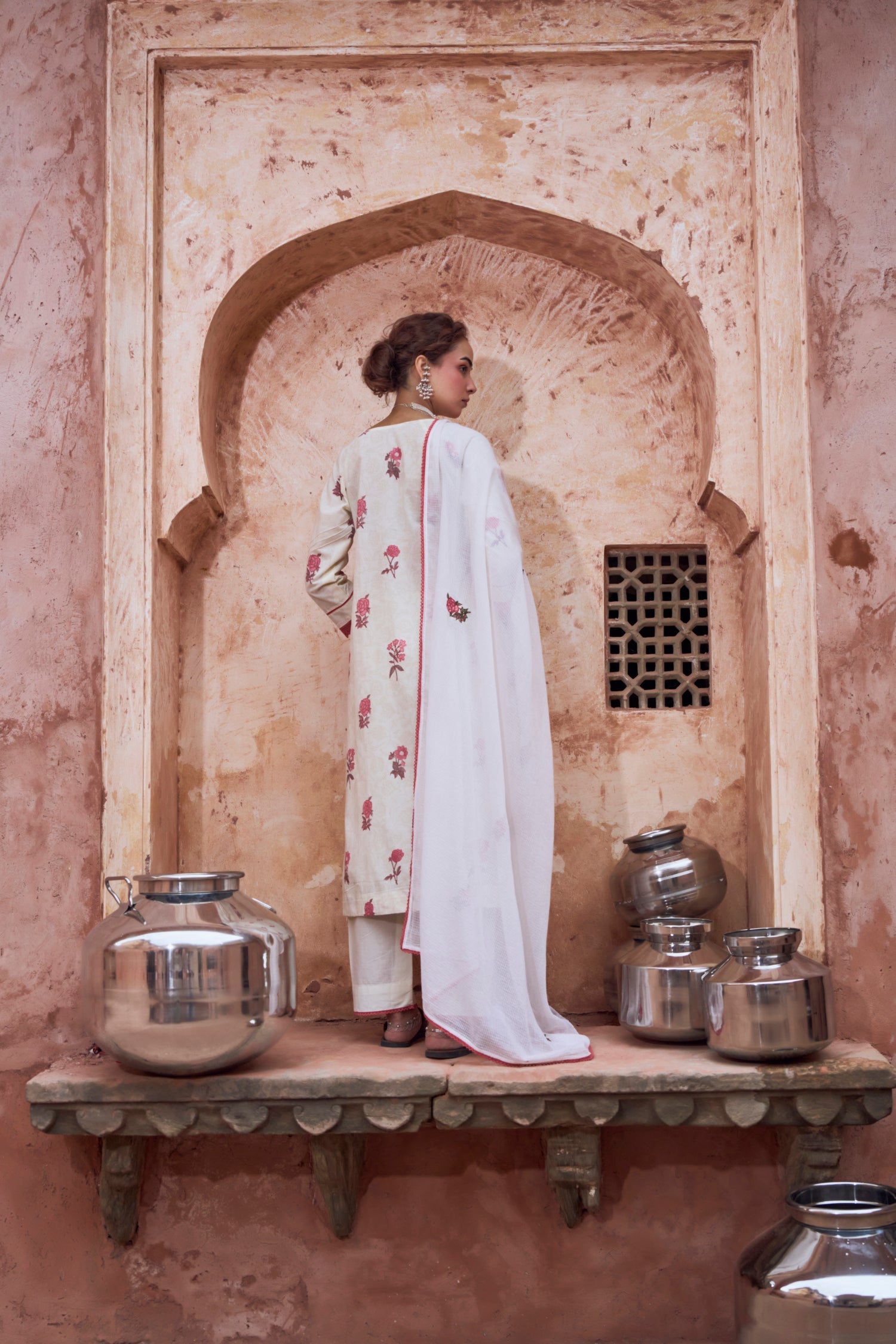Roseate Bloom Off-White Printed Mul-Cotton Pant Set