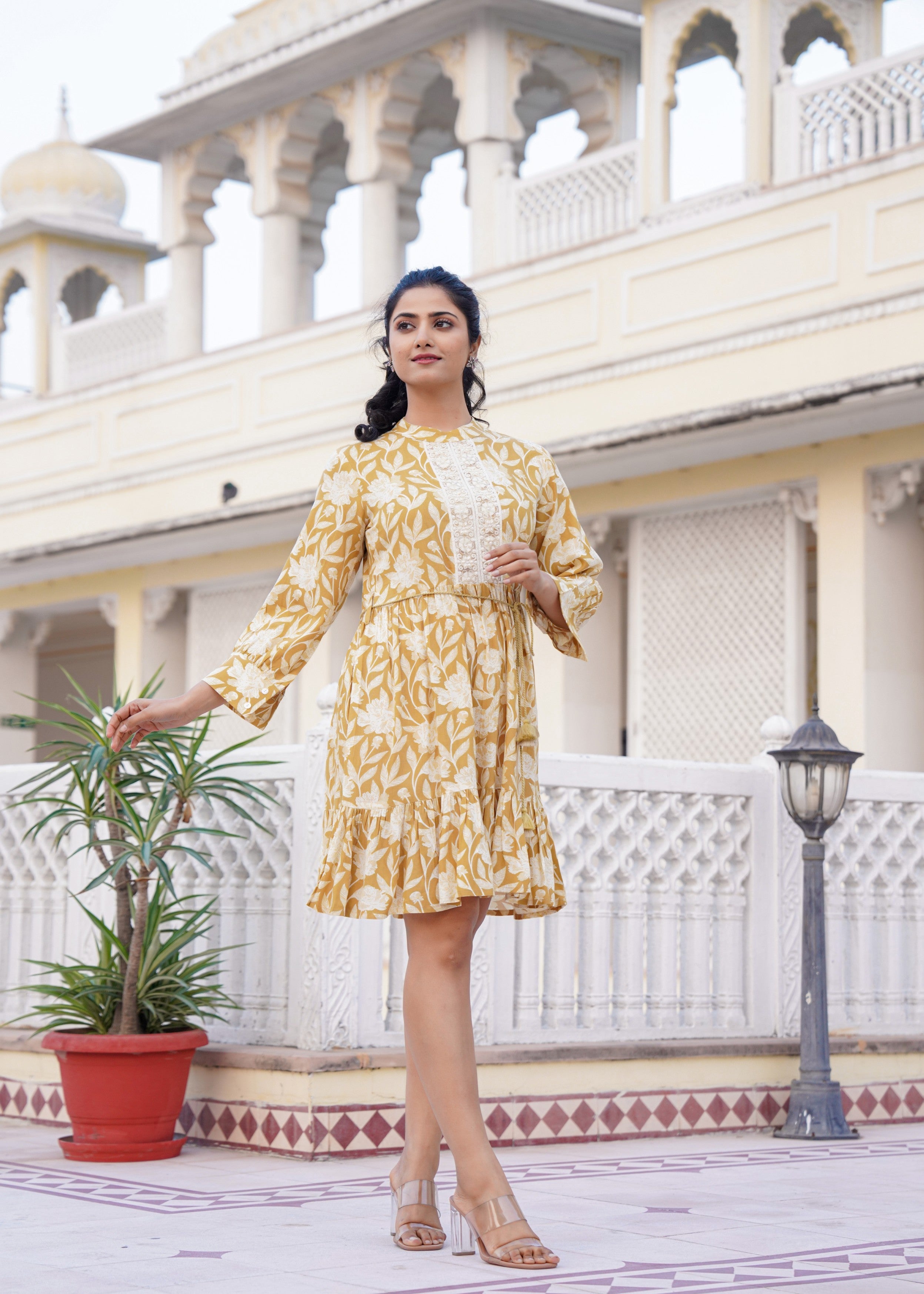 Mustard Yellow Floral Embroidered Cotton Dress