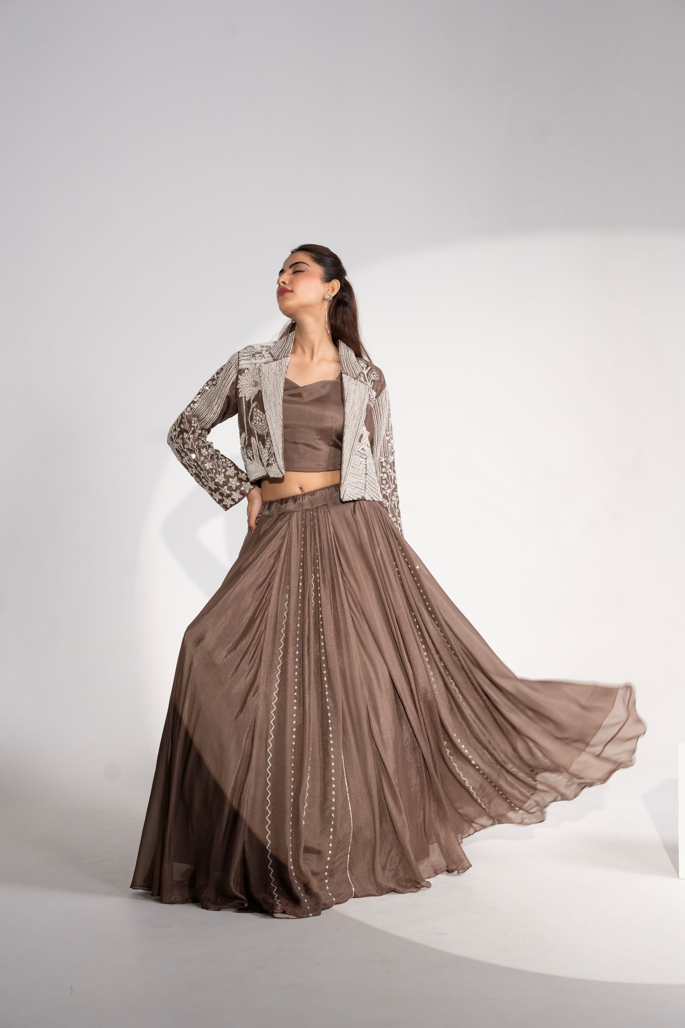 Dusty Brown Embellished Chinon Silk Skirt Set