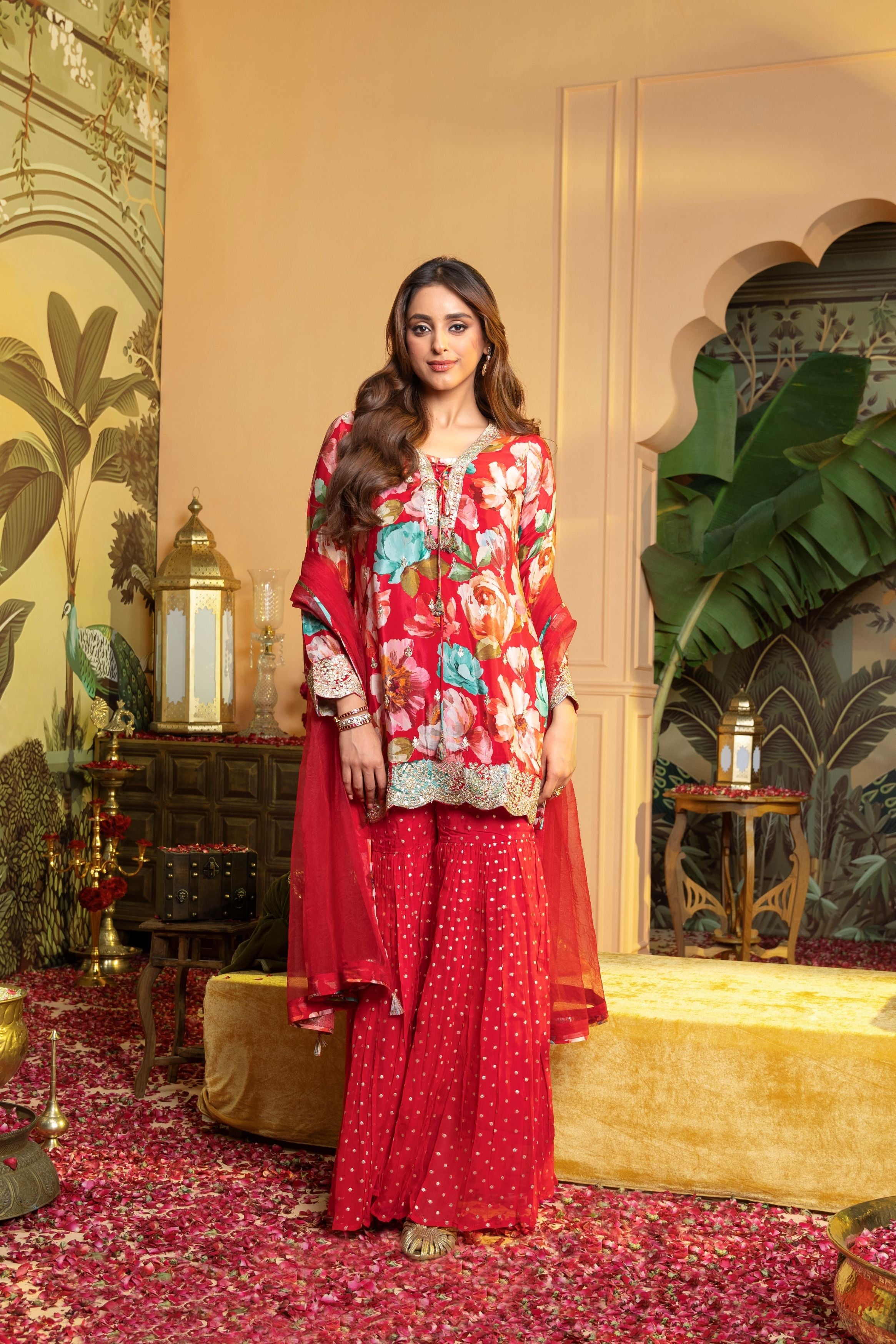 Rich Red Printed Satin Silk Sharara Set