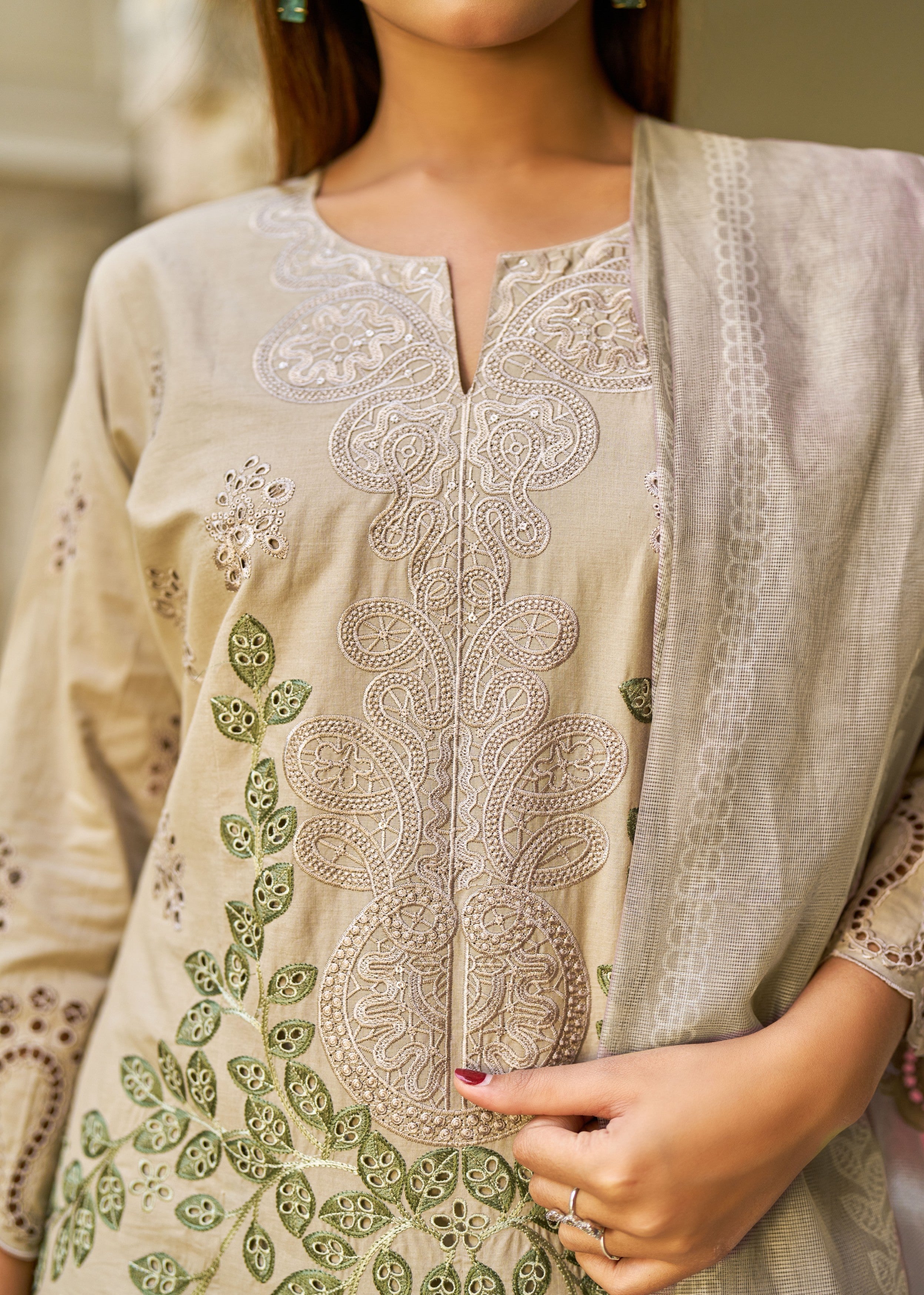 Taupe Brown Embroidered Cotton Pant Set