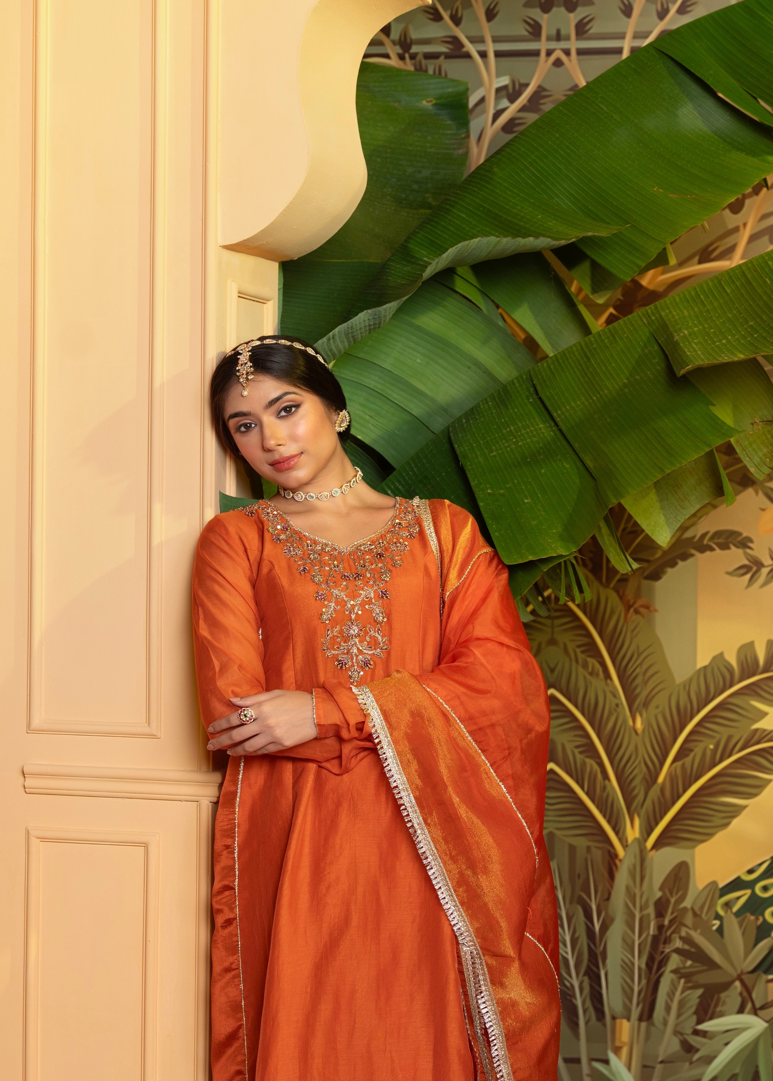 Saffron Orange Embellished Chanderi Silk Pant Set