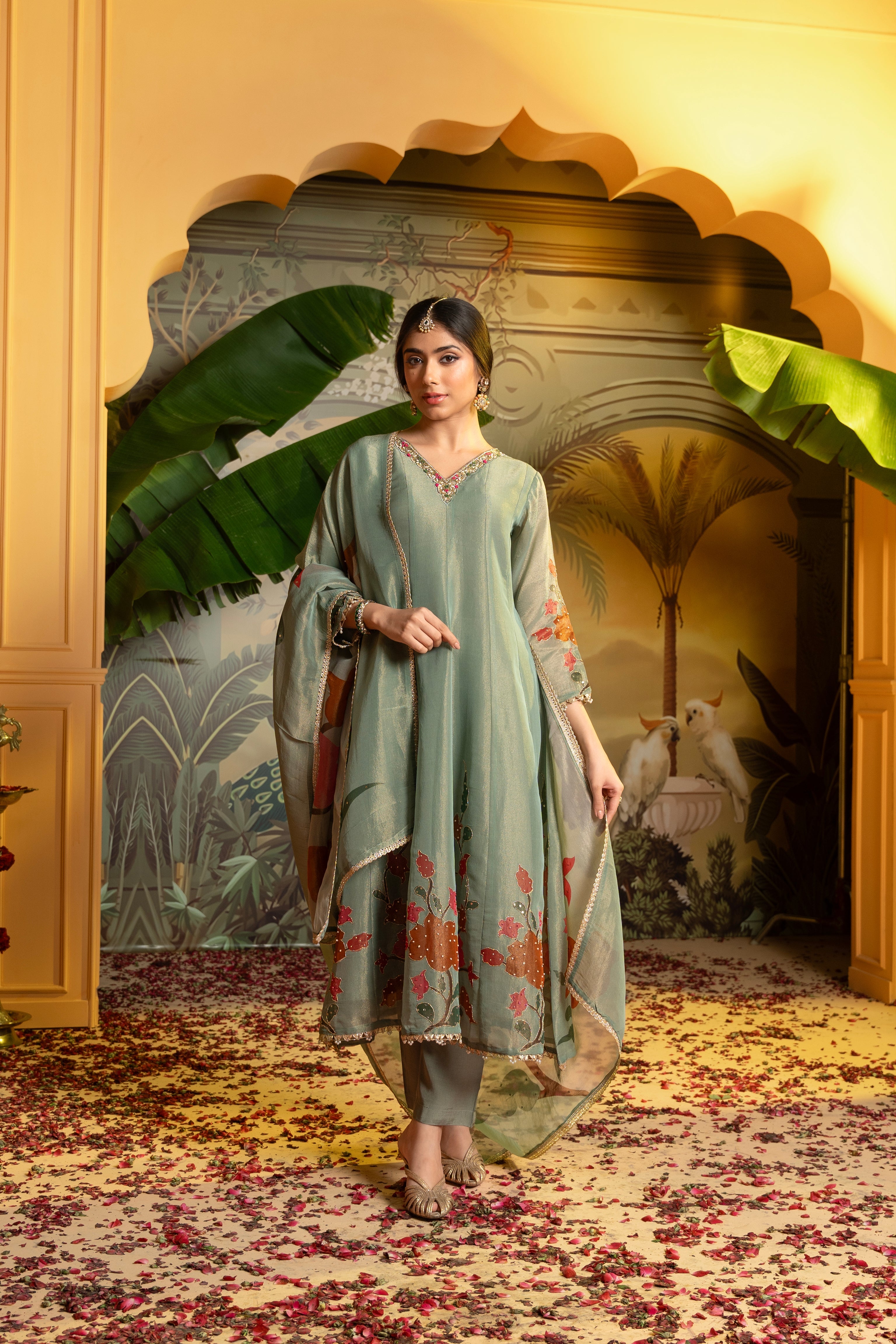 Pastel Green Embellished Tissue Silk Anarkali Set