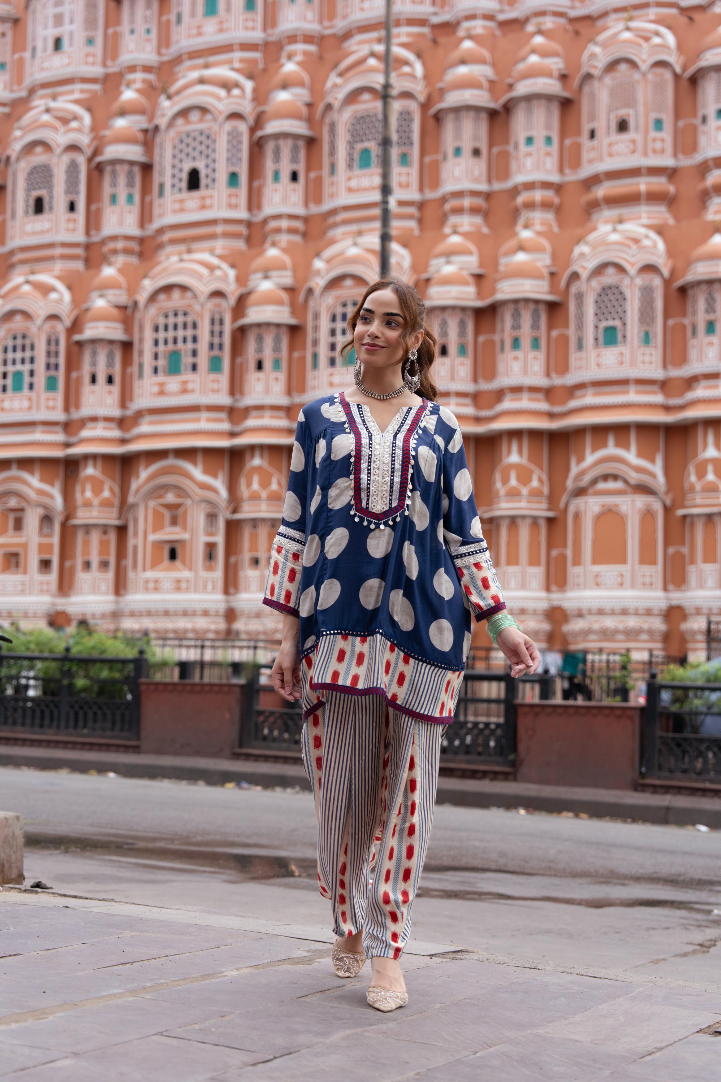 Classic Navy Printed Crepe Silk Co-Ord Set