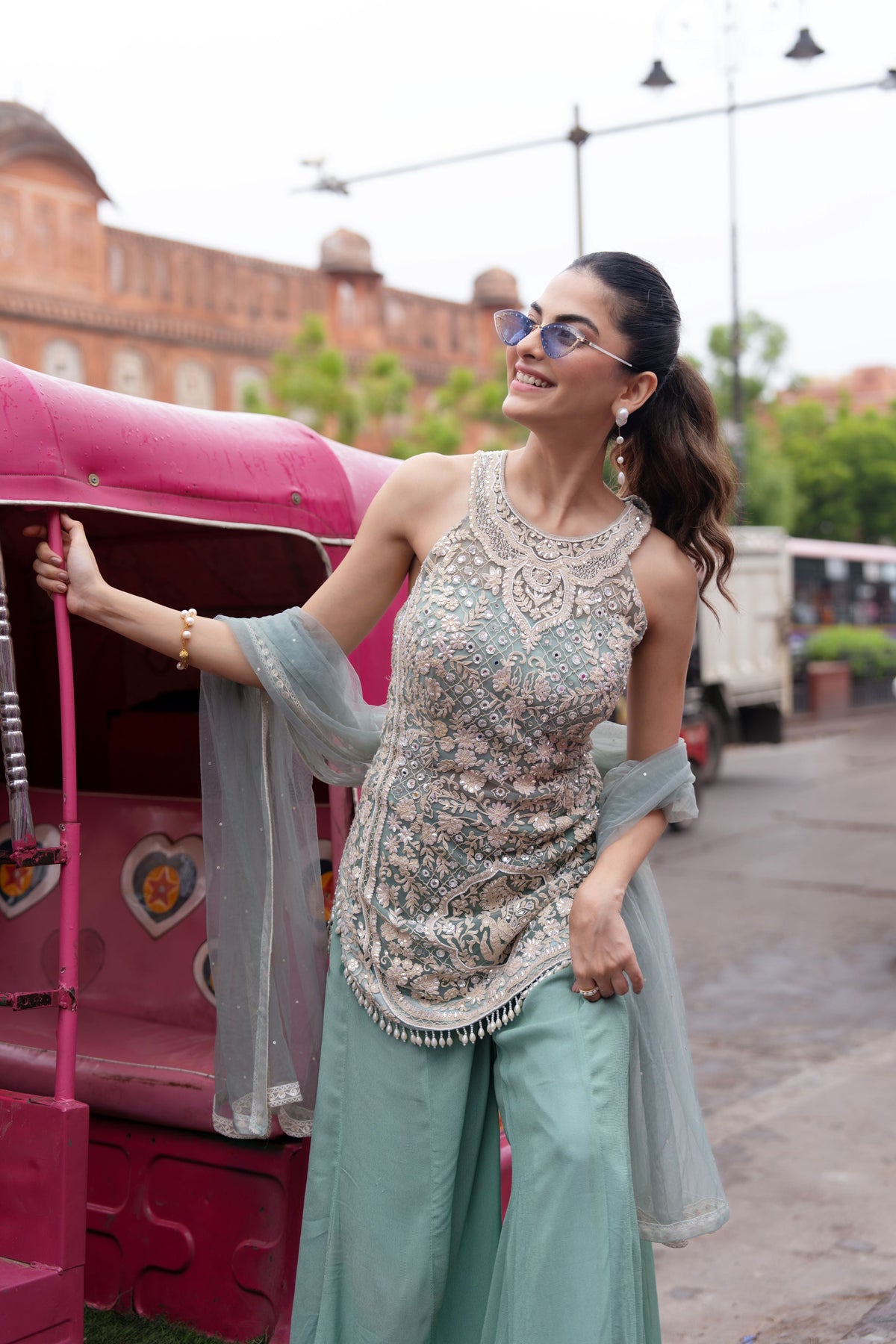 Blue Frost Embellished Premium Net Palazzo Set