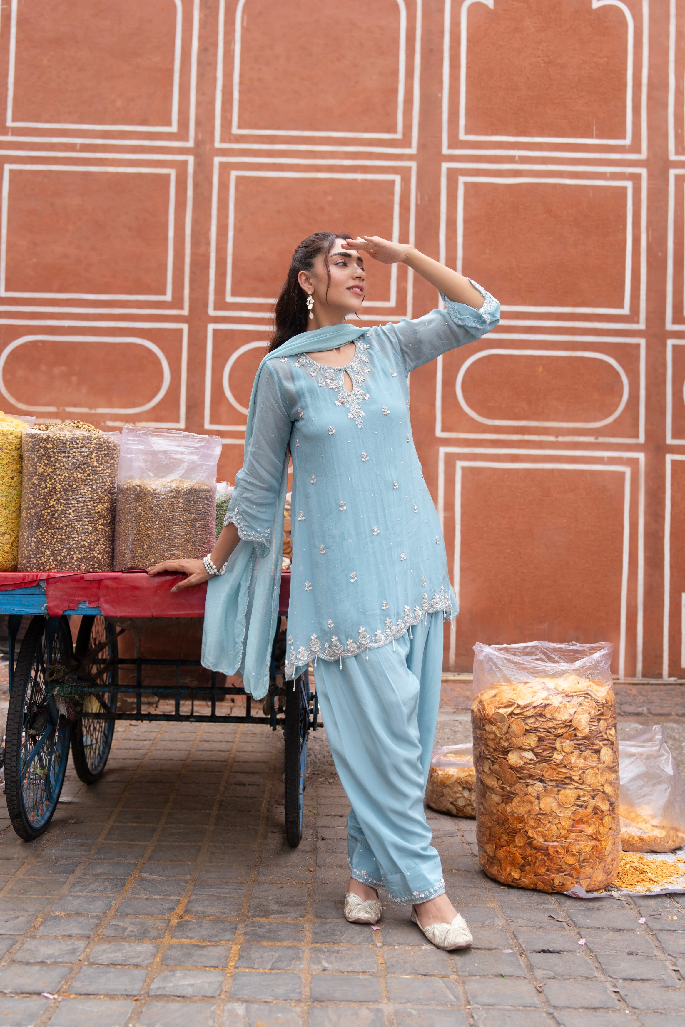 Mist Blue Embellished Tissue Silk Pants Set