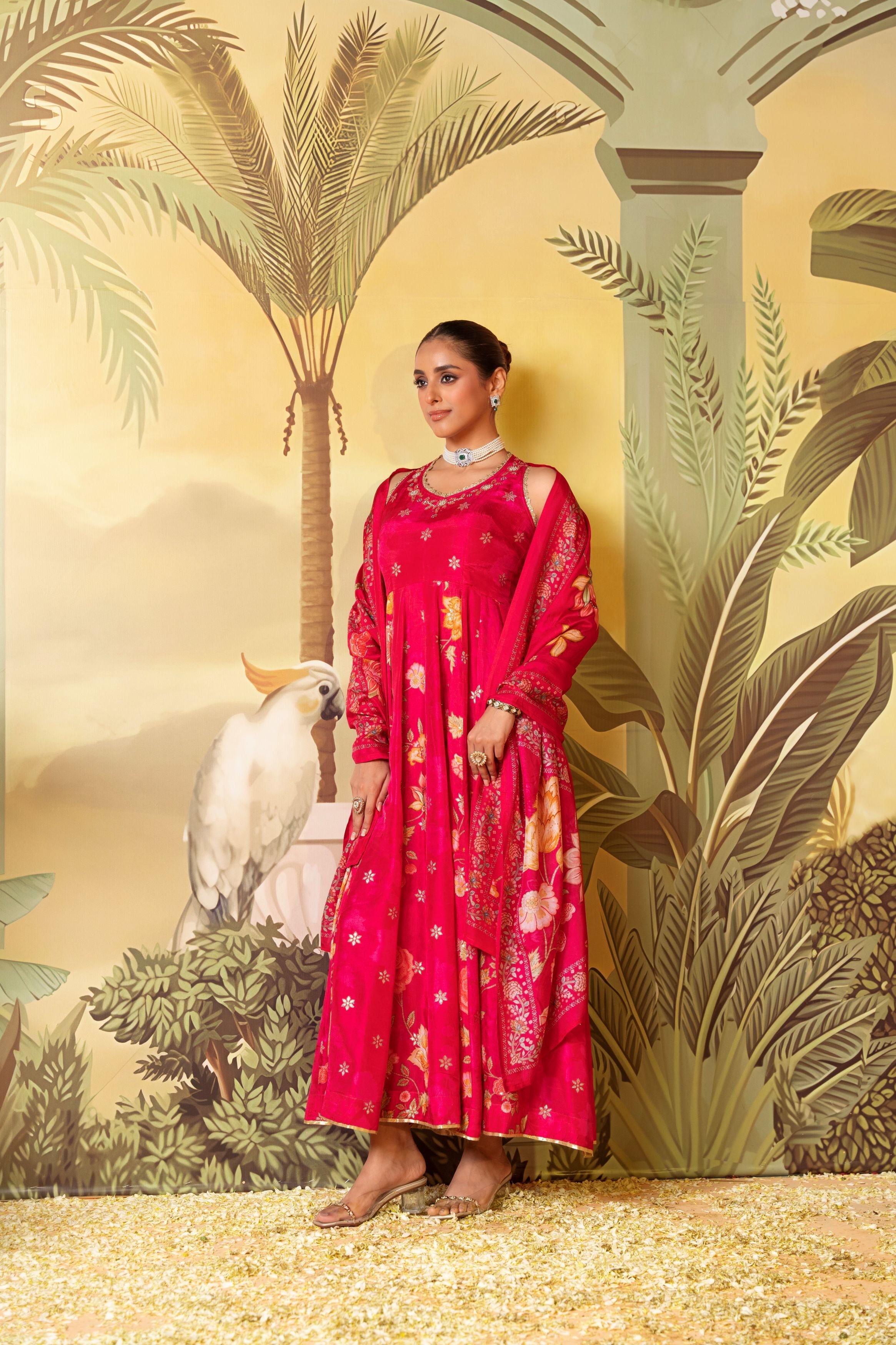 Deep Pink Embellished Chinon Silk Anarkali Set