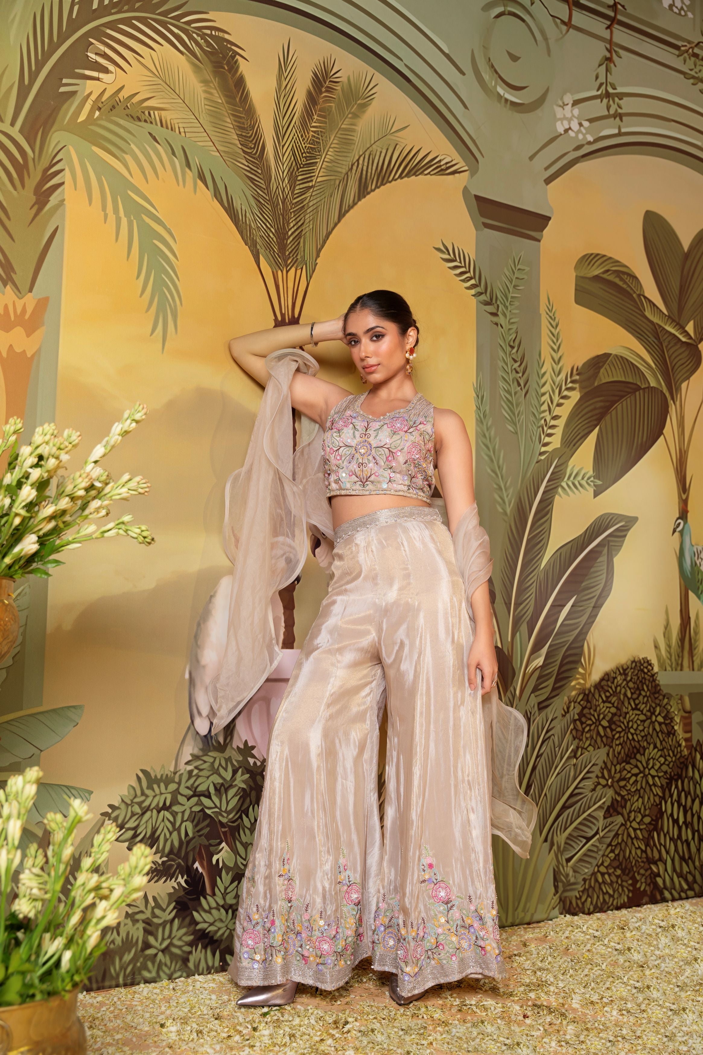 Champagne Beige Embellished Organza Silk Palazzo Set