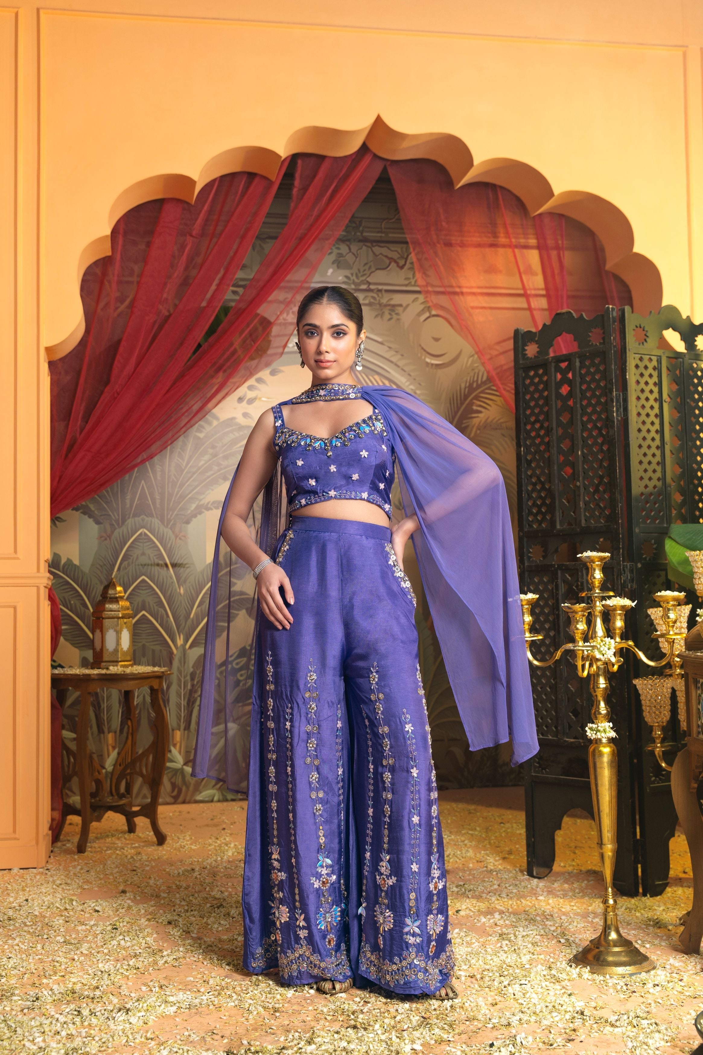 Vivid Violet Embellished Dola Silk Palazzo Set