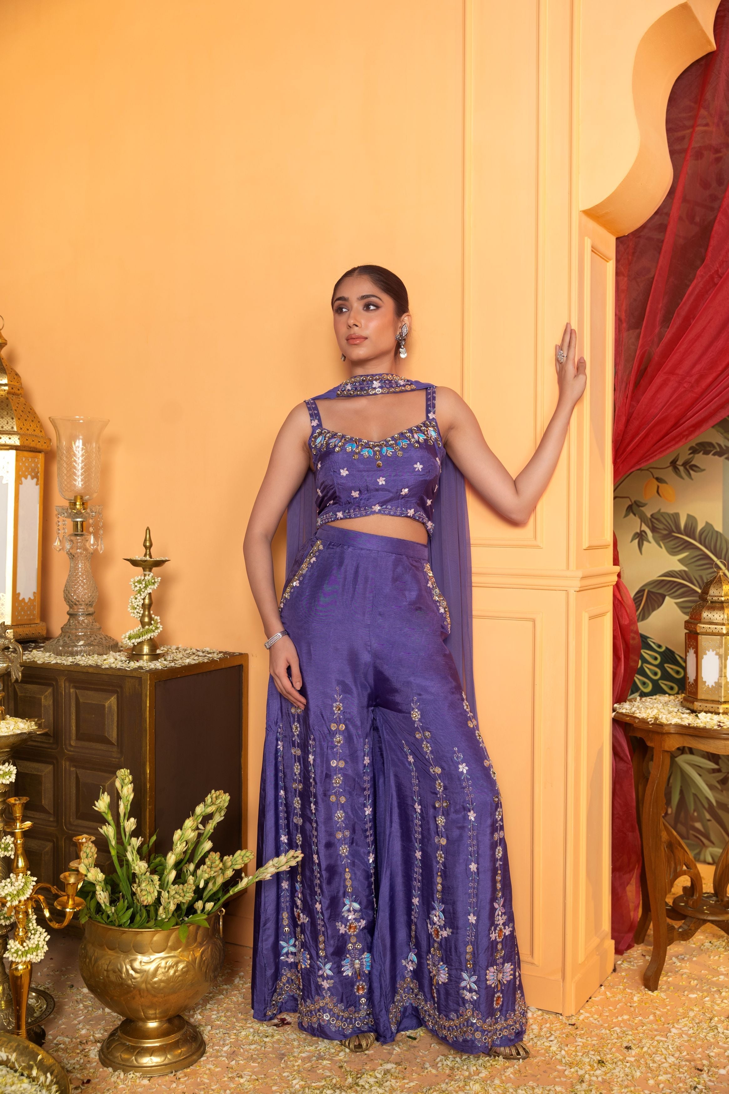 Vivid Violet Embellished Dola Silk Palazzo Set