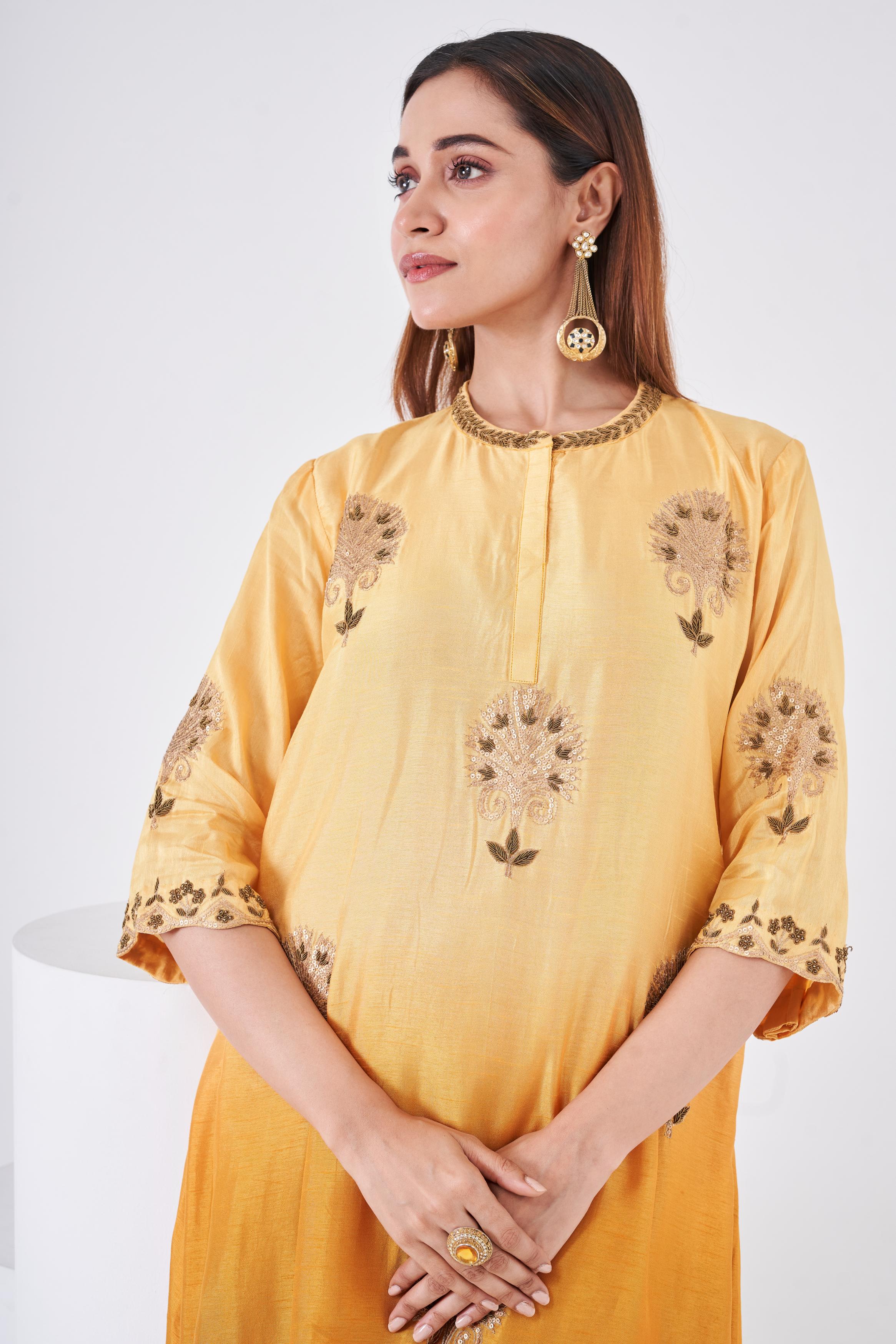 Carrot Orange Embellished Italian Silk Palazzo Set