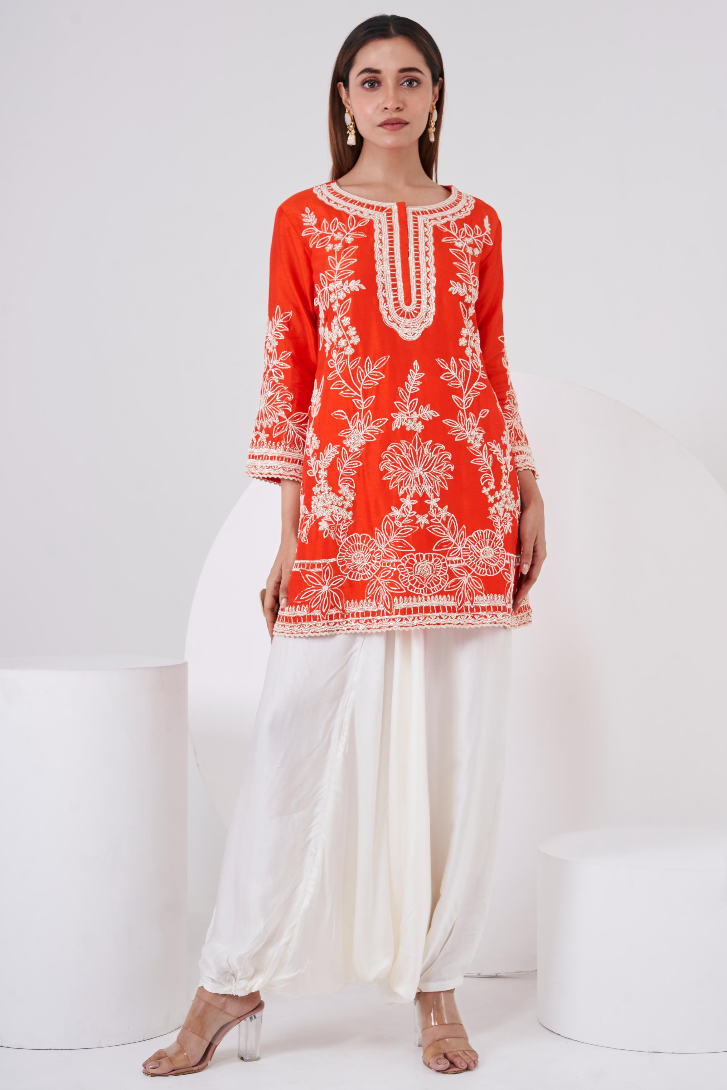 Bright Orange Embellished Raw Silk Co-Ord Set