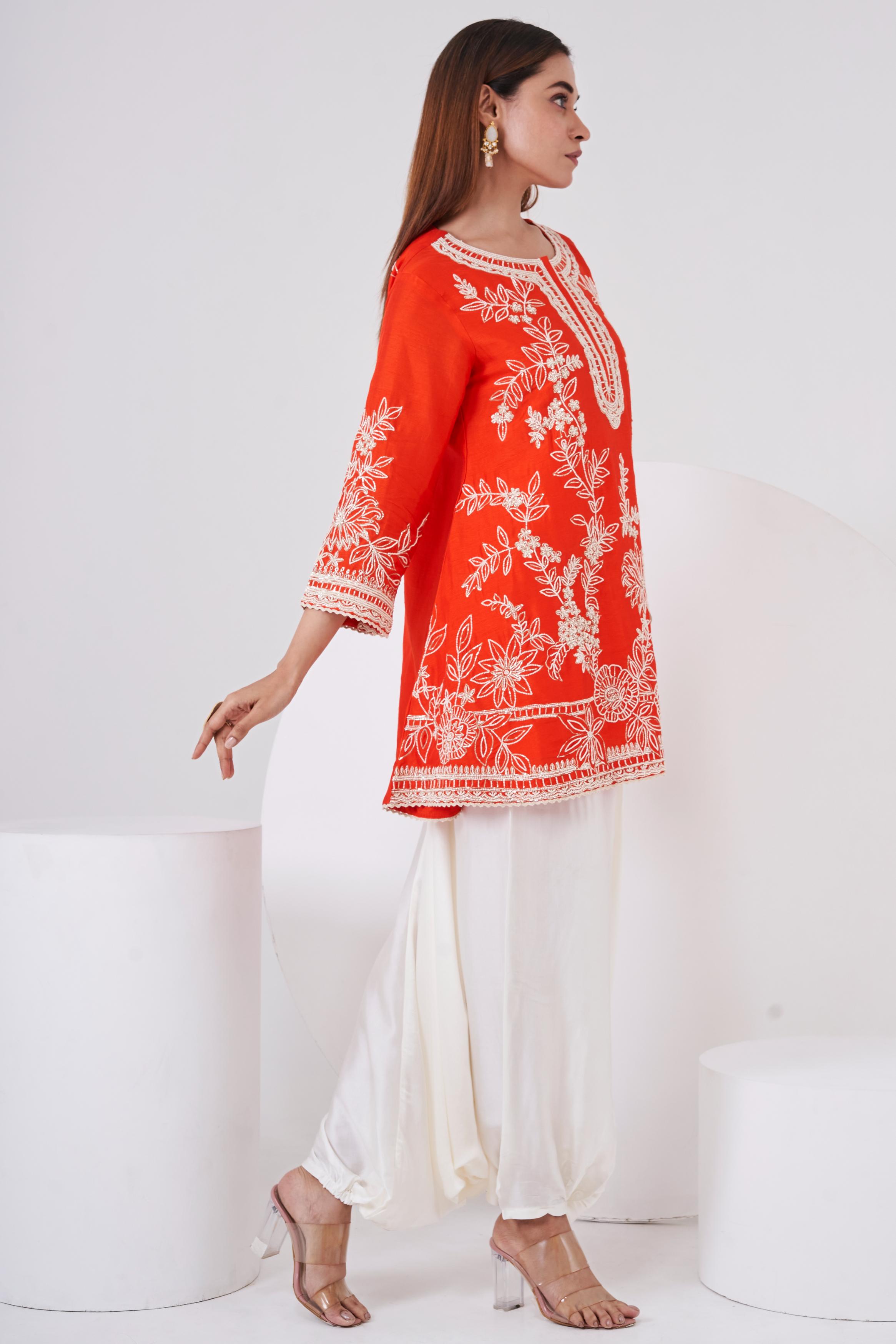 Bright Orange Embellished Raw Silk Co-Ord Set