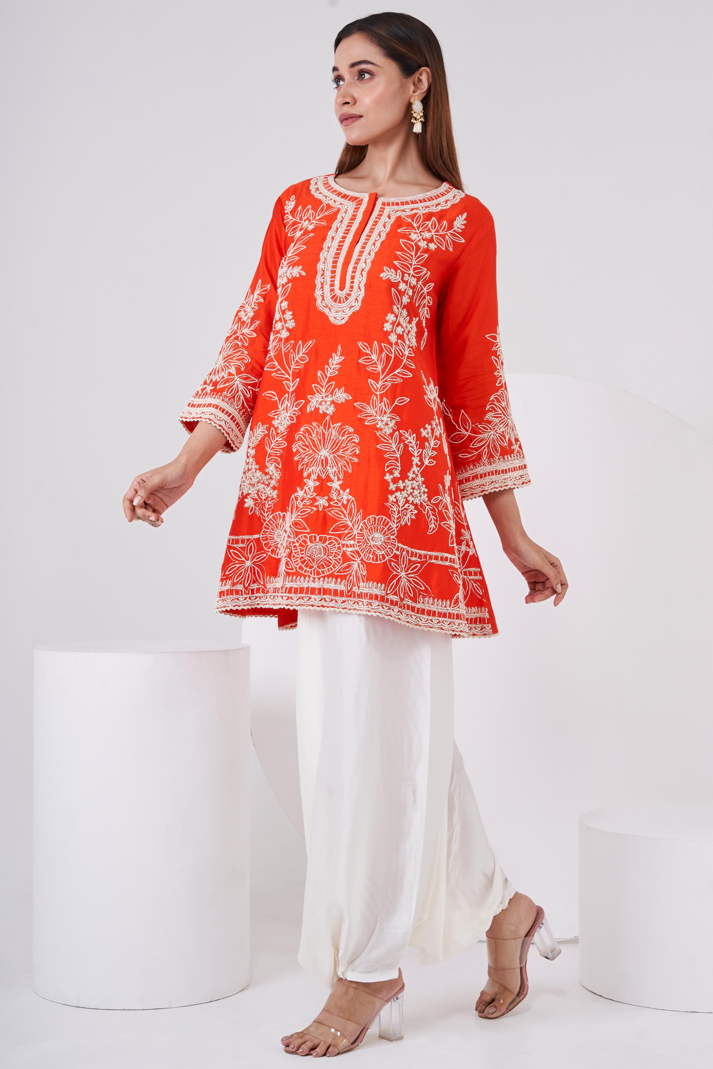 Bright Orange Embellished Raw Silk Co-Ord Set