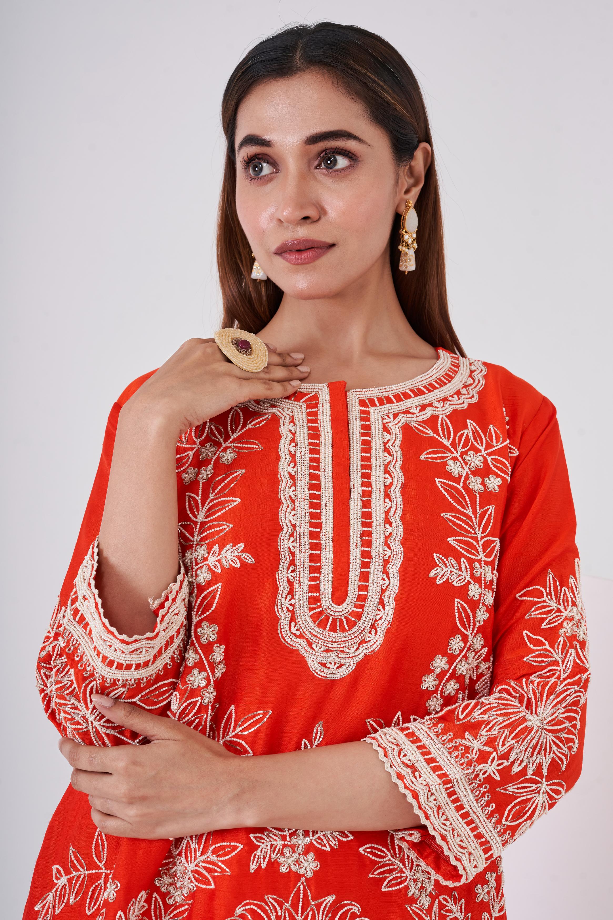 Bright Orange Embellished Raw Silk Co-Ord Set