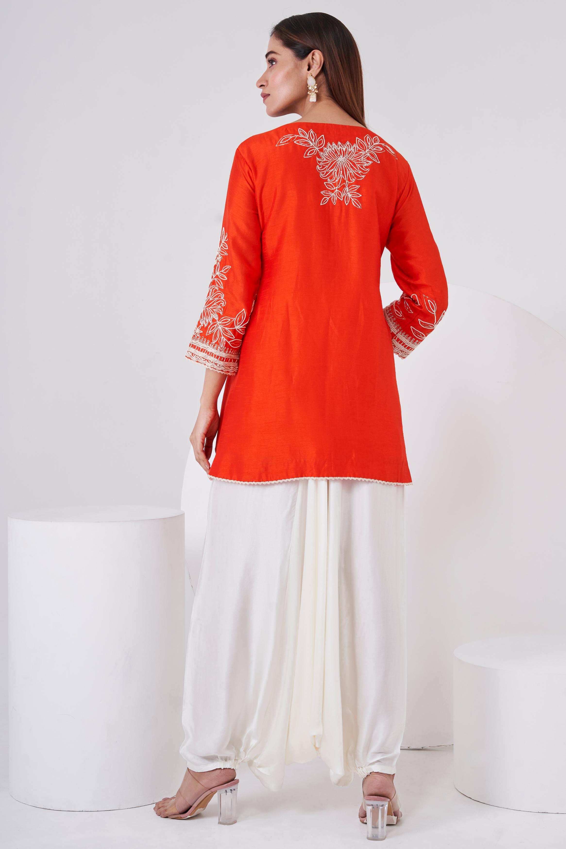 Bright Orange Embellished Raw Silk Co-Ord Set