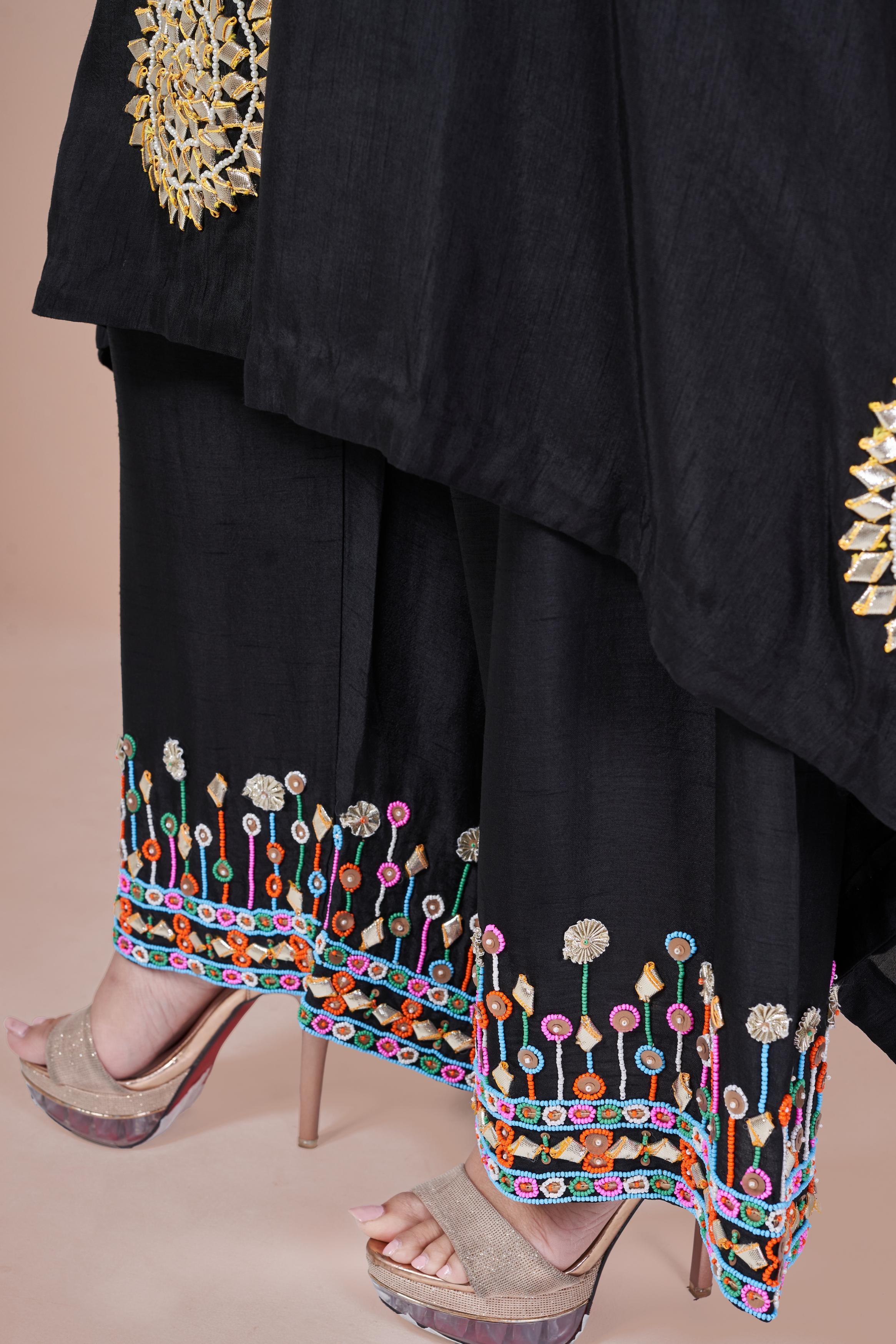 Classic Black Embellished Italian Silk Palazzo Set