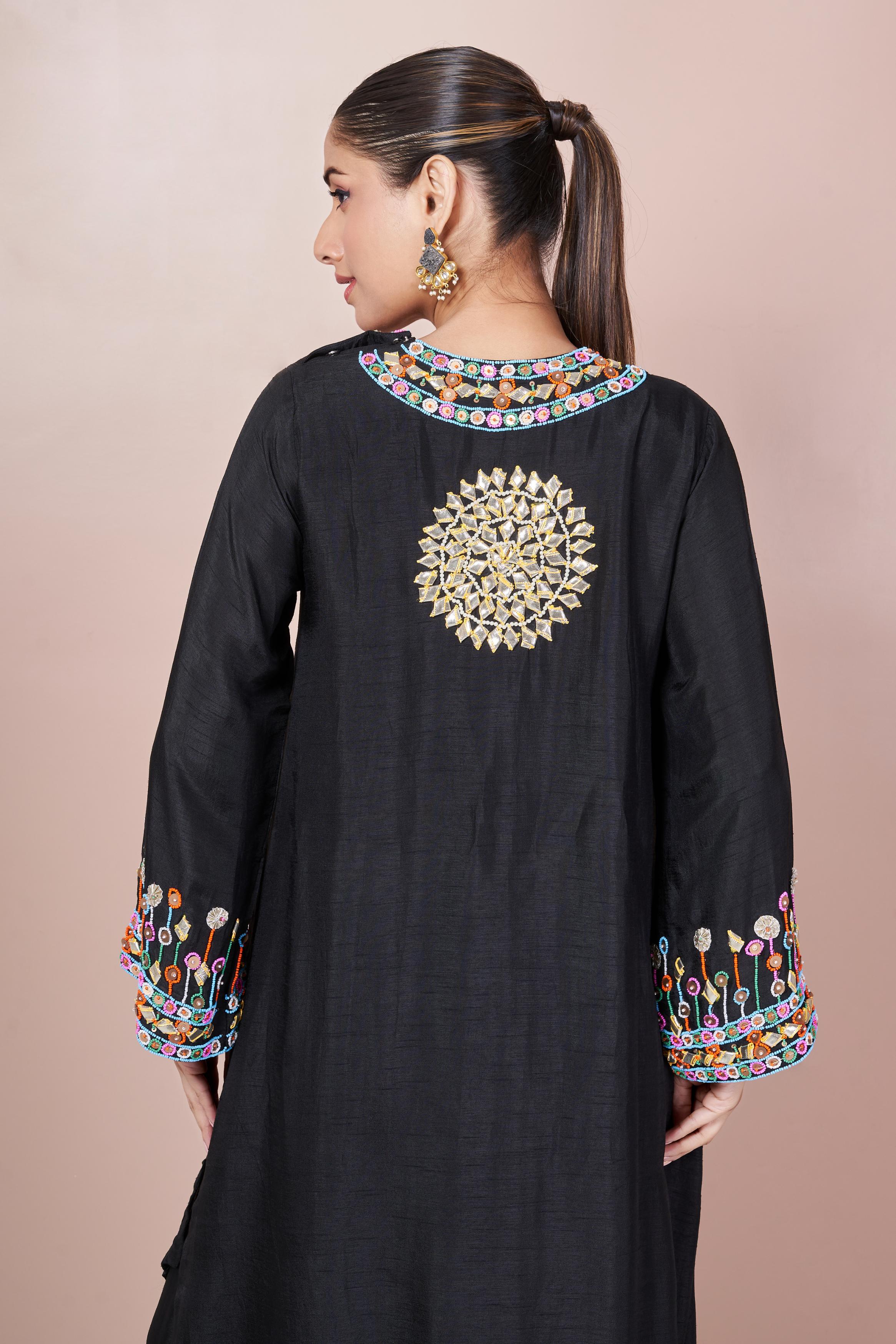 Classic Black Embellished Italian Silk Palazzo Set