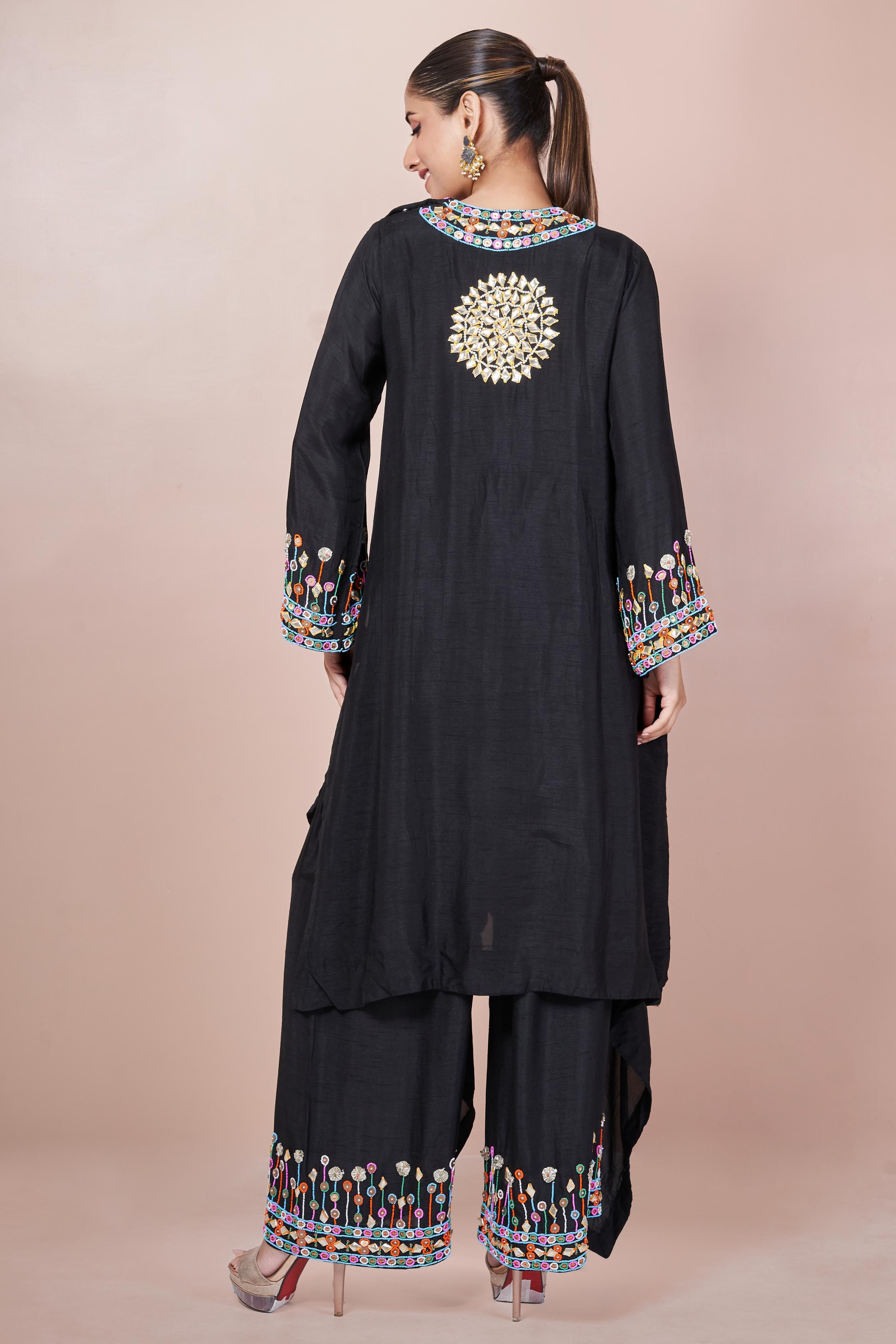 Classic Black Embellished Italian Silk Palazzo Set