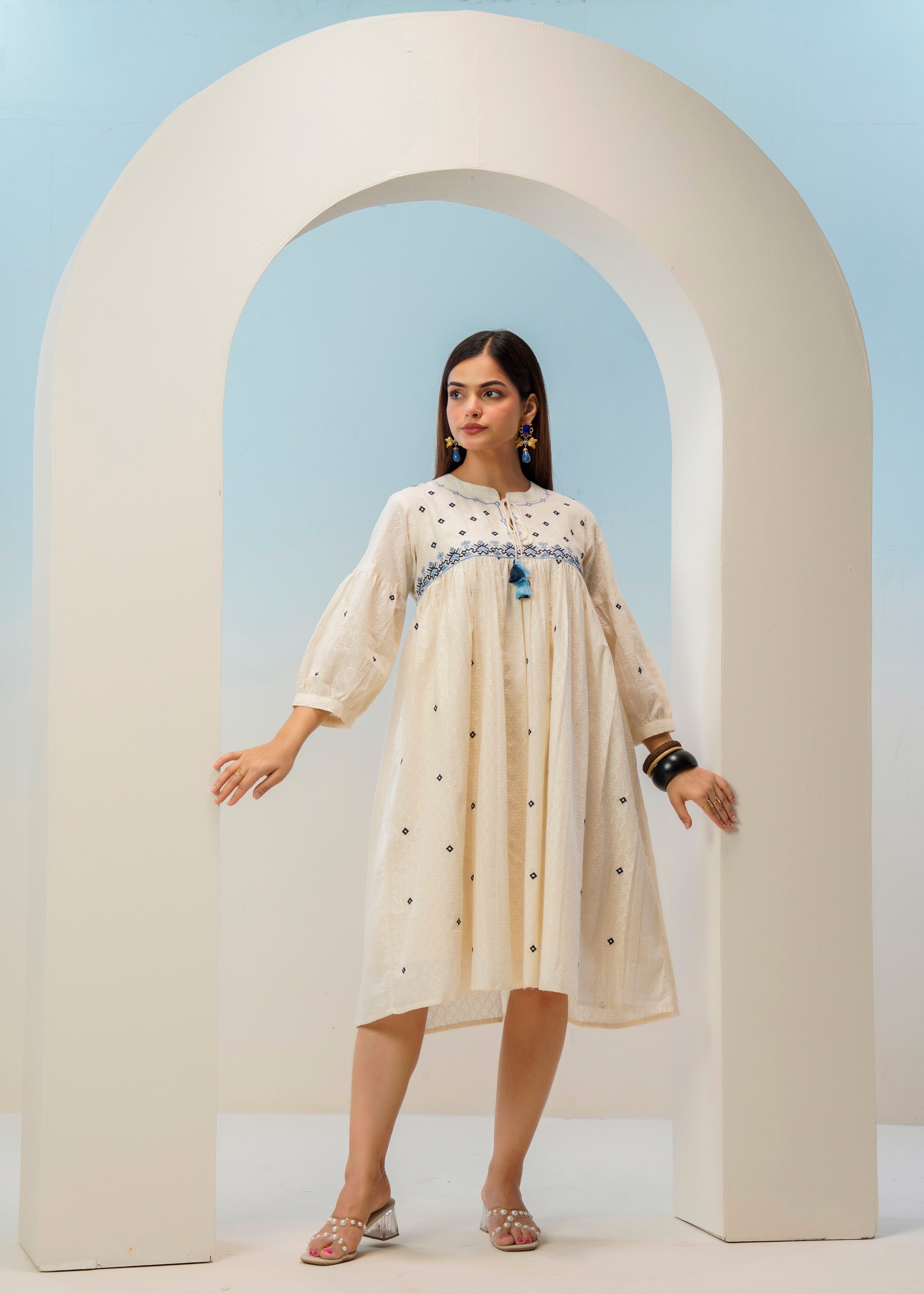 Off-White Floral Embroidered Cotton Dress