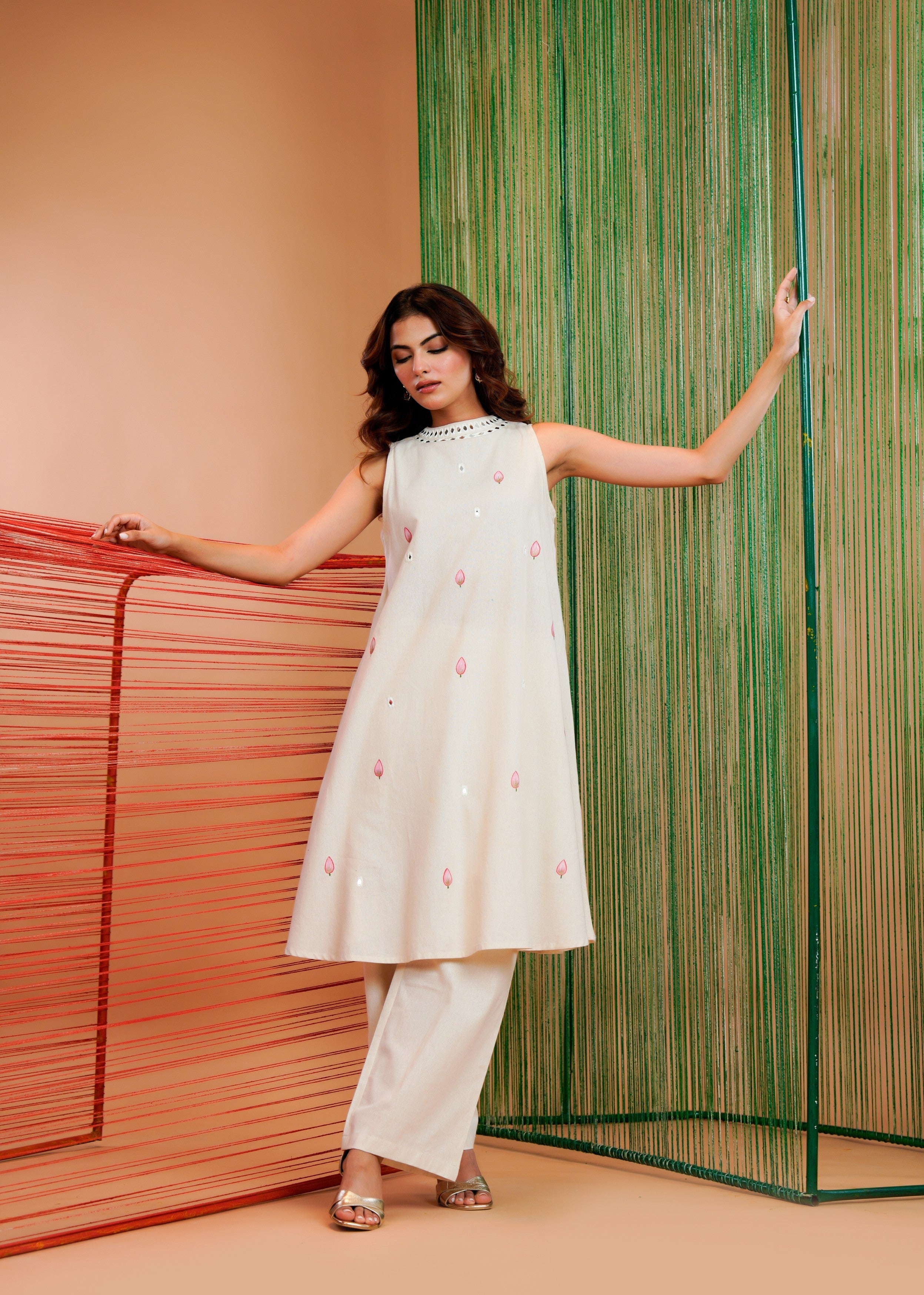 Off-White Mirror Work Linen Kurta Set