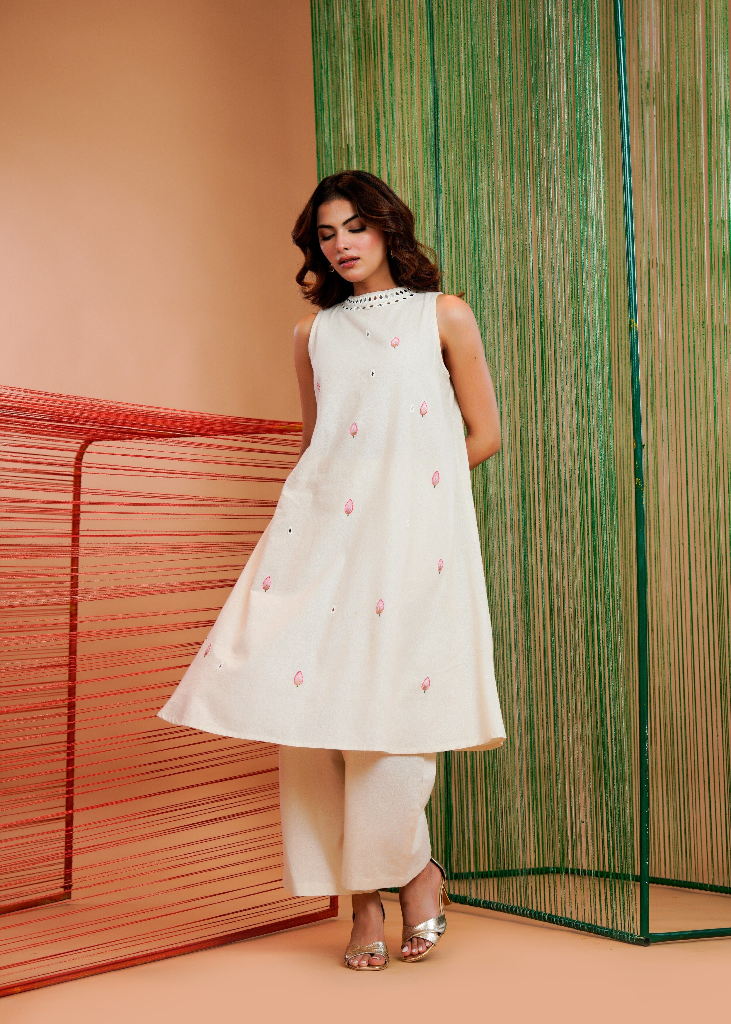 Off-White Mirror Work Linen Kurta Set