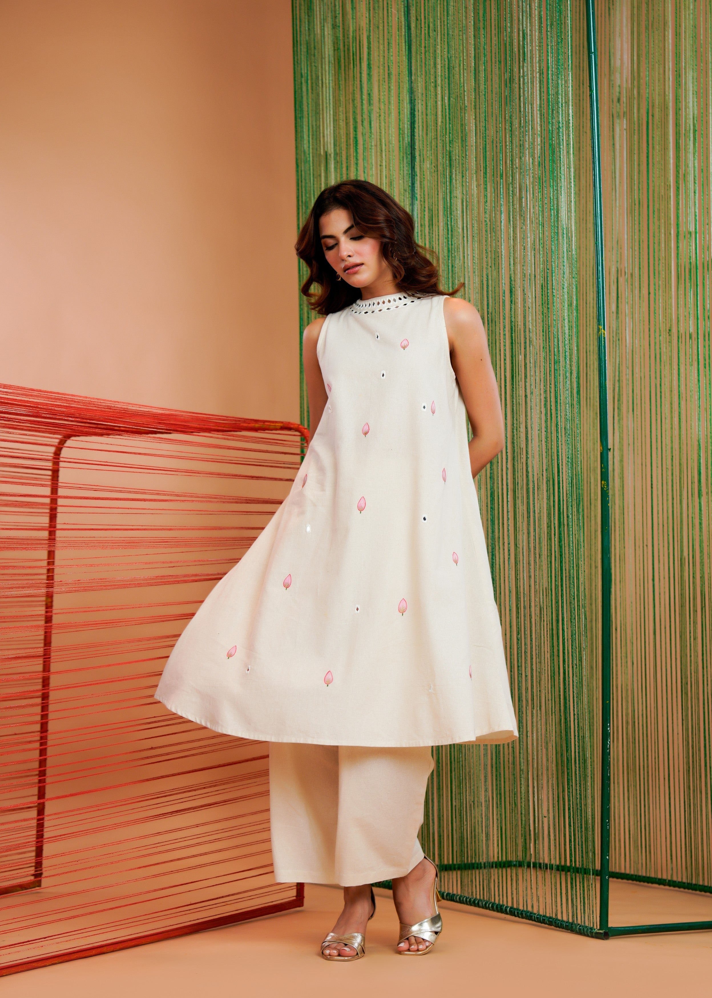 Off-White Mirror Work Linen Kurta Set