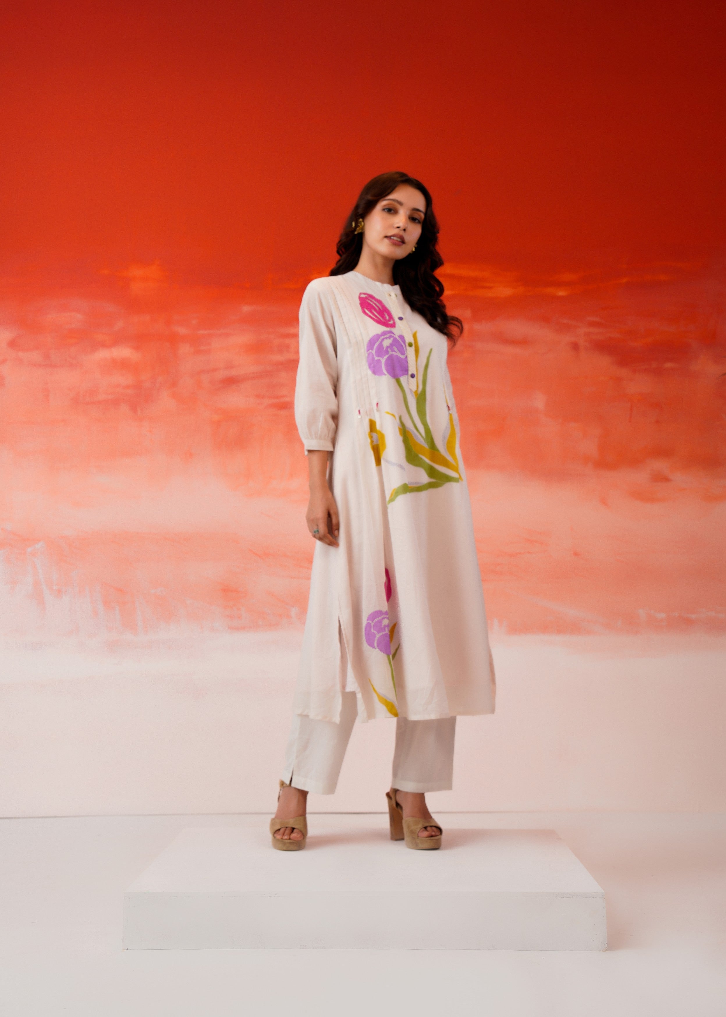 Off-White Tulip Printed Mul Cotton Kurta Set