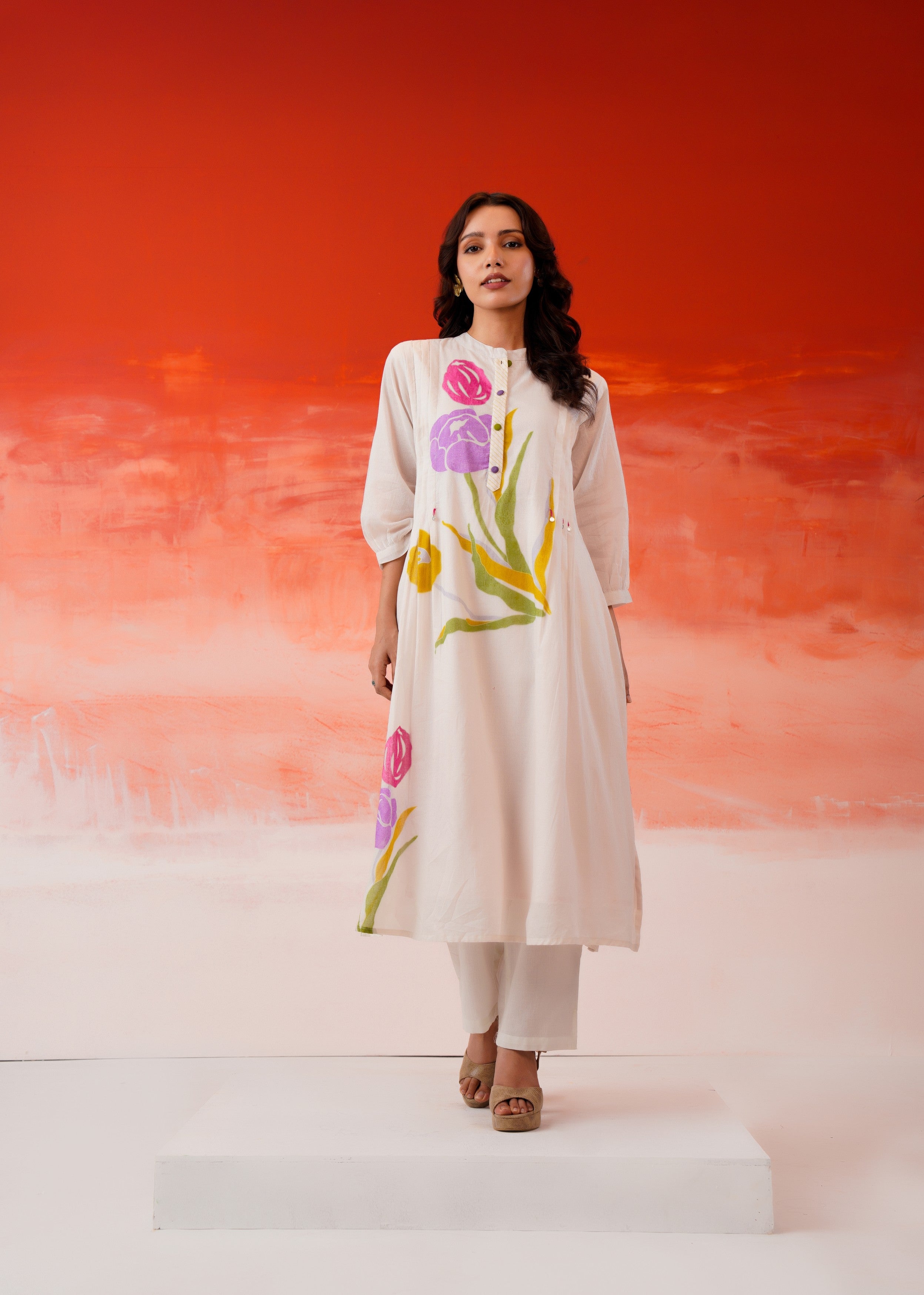 Off-White Tulip Printed Mul Cotton Kurta Set