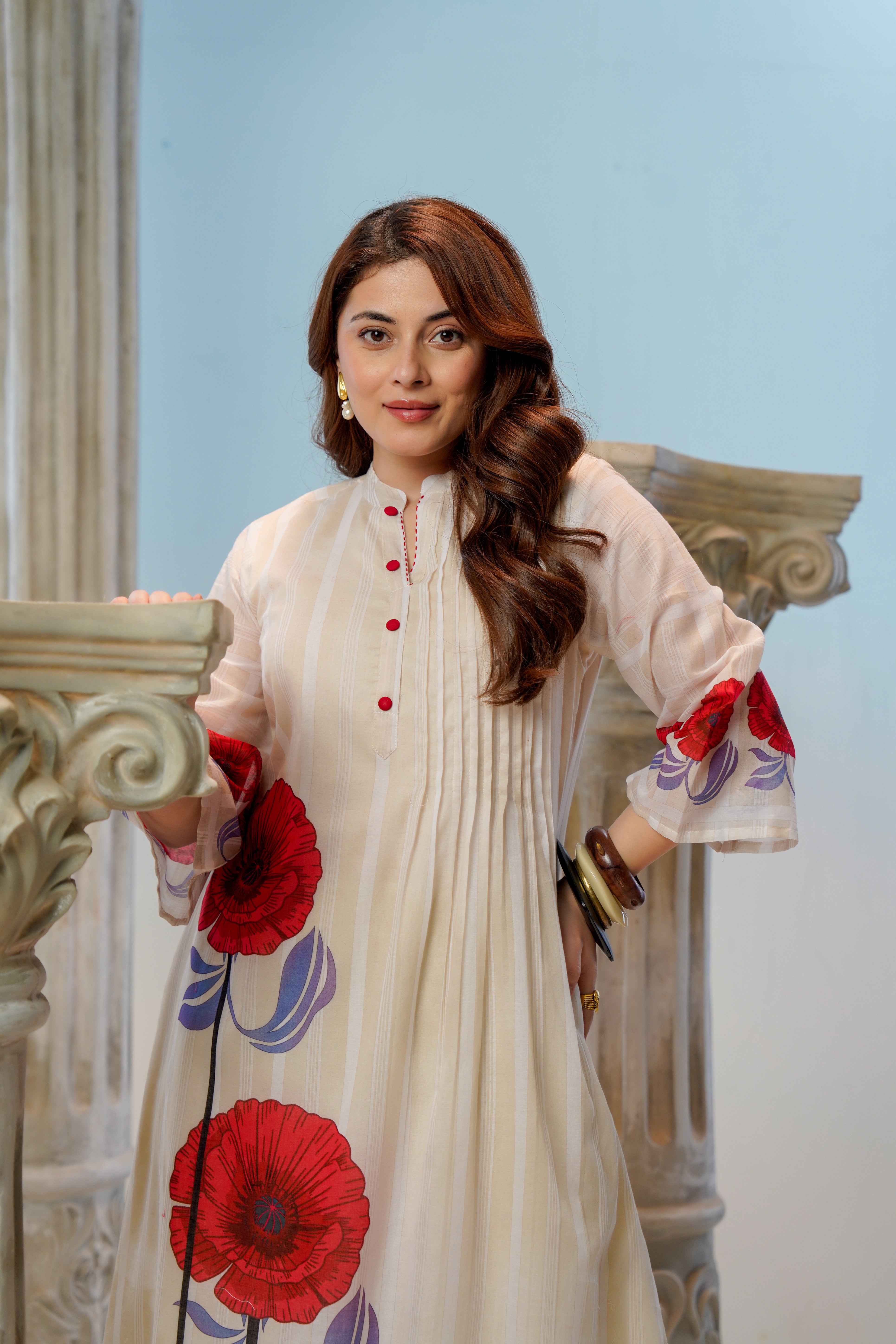 Cream Poppy Printed Cotton Kurta Set