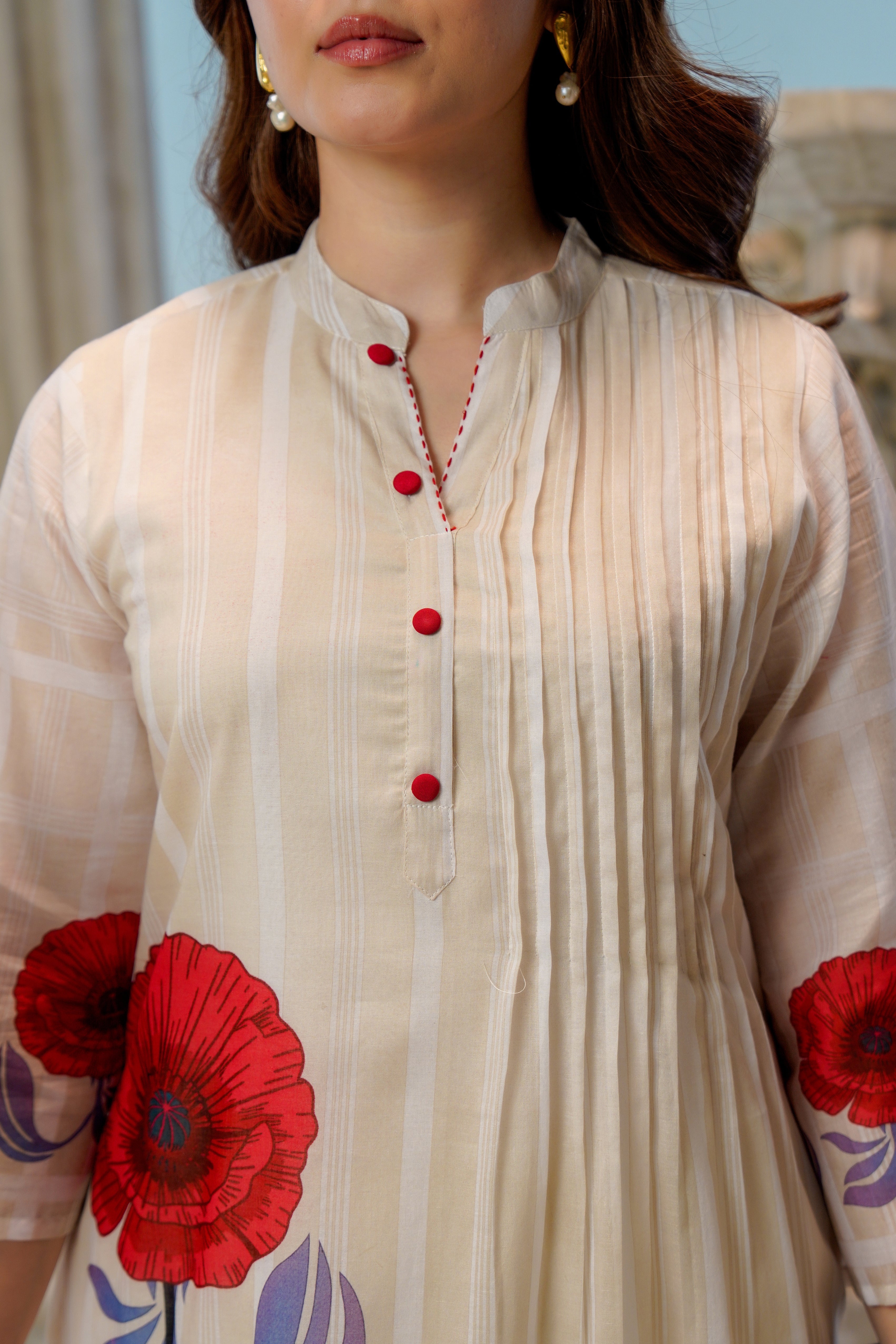 Cream Poppy Printed Cotton Kurta Set