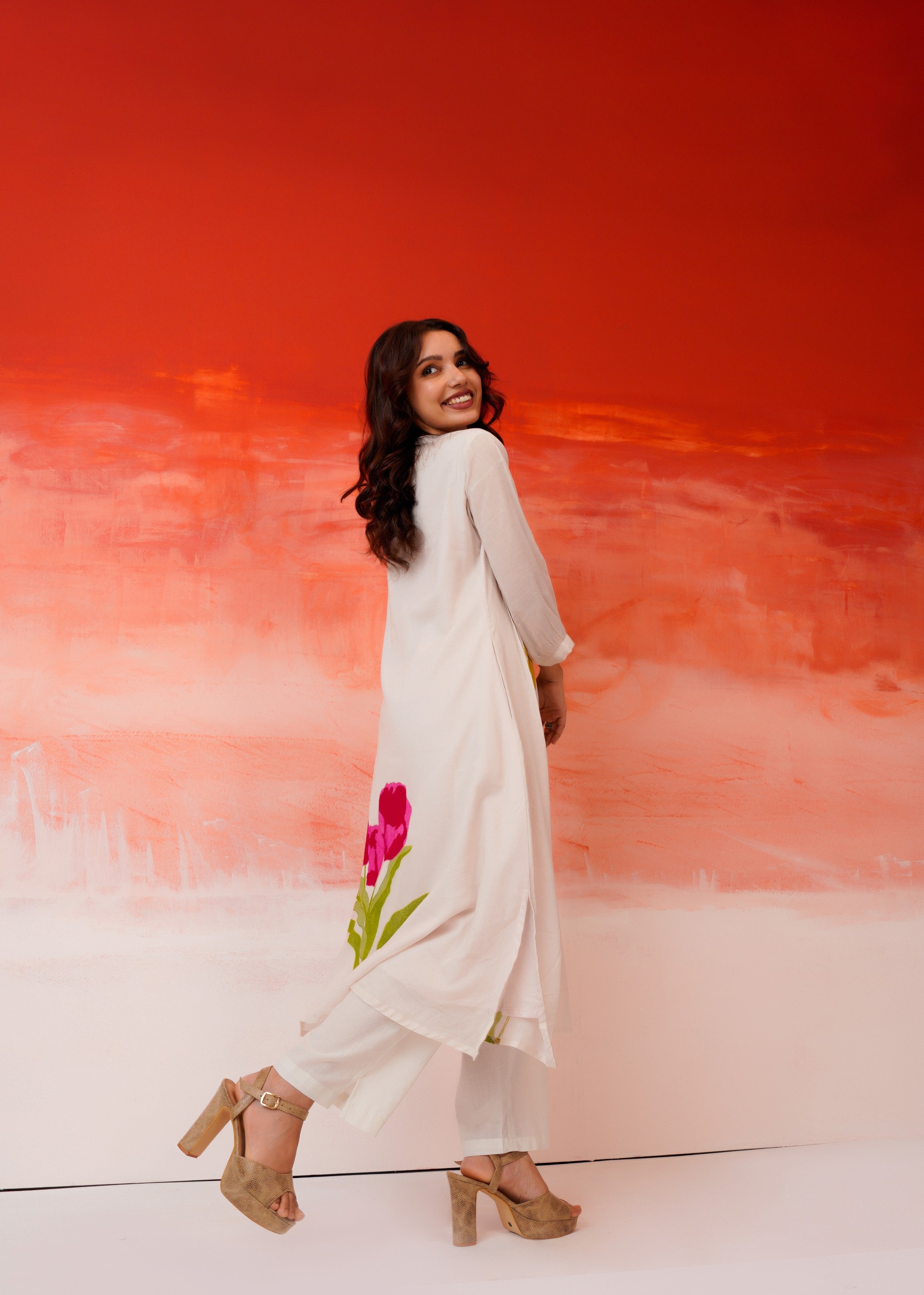 Off-White Tulip Printed Mul Cotton Kurta Set