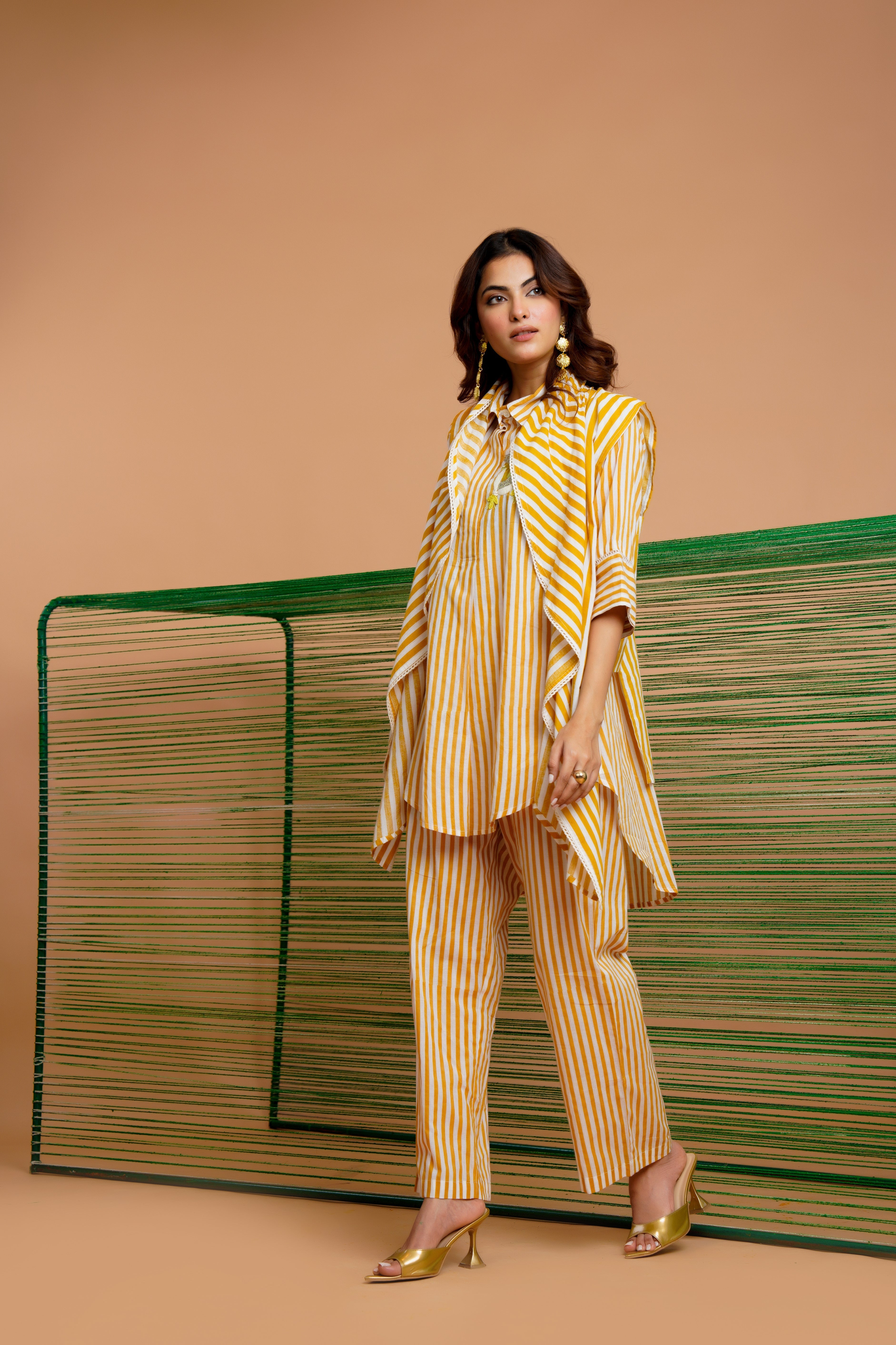 Ochre Stripe Embellished Mul Chanderi Co-Ord Set