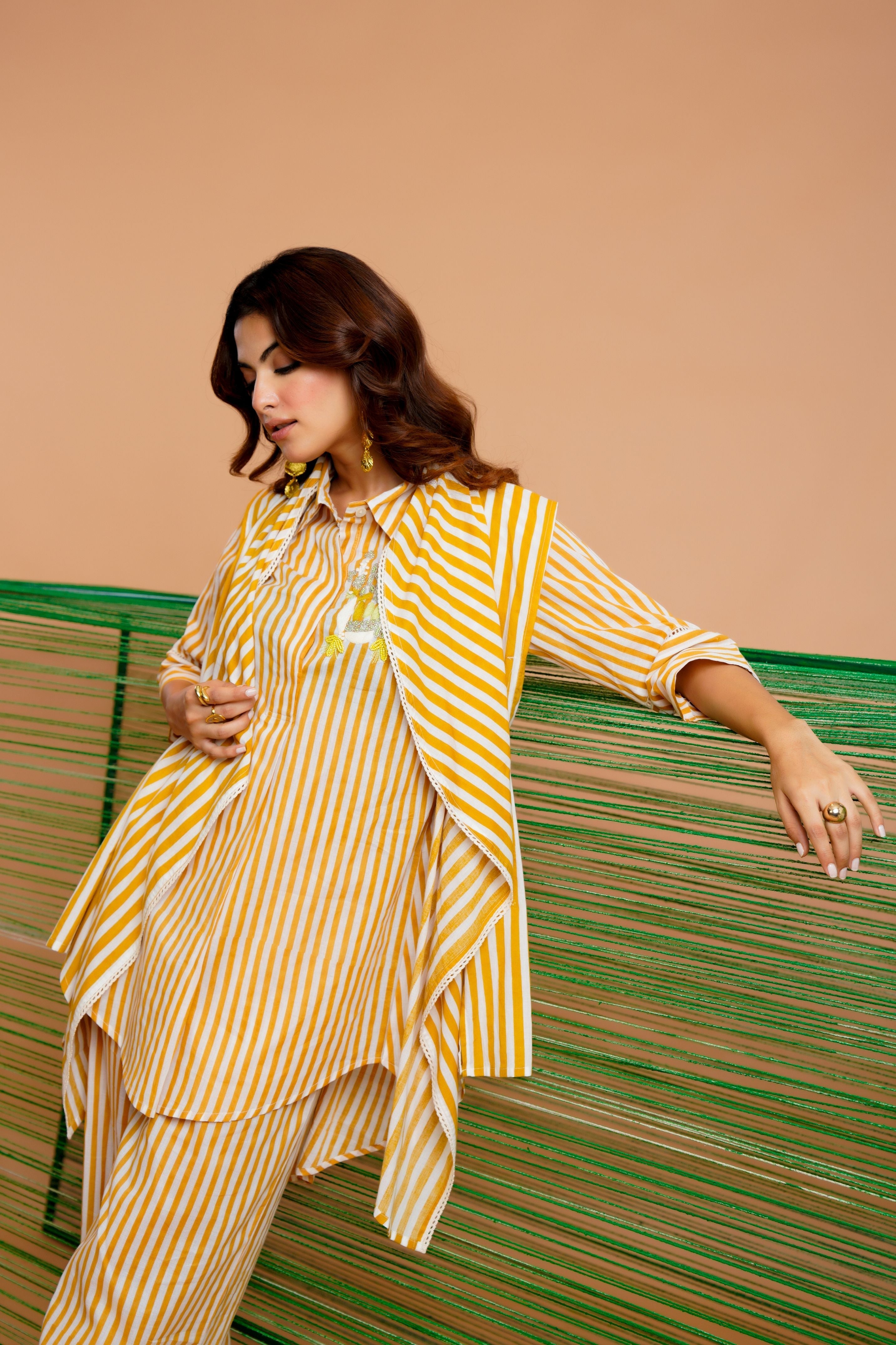 Ochre Stripe Embellished Mul Chanderi Co-Ord Set
