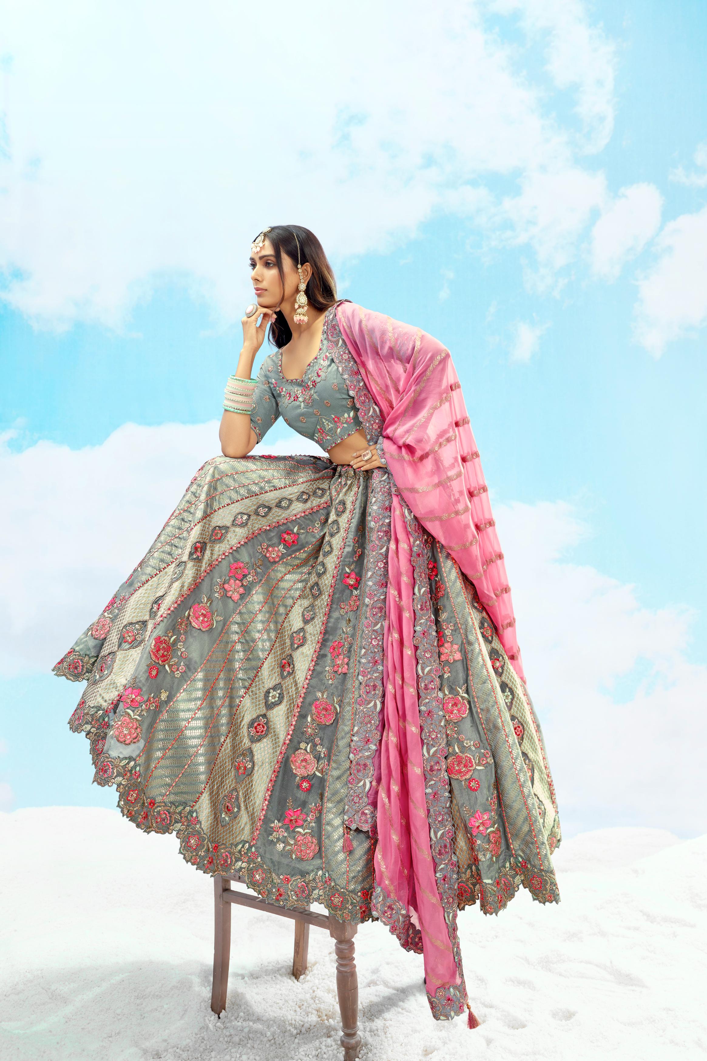 Grey Handwork Premium Organza Silk Lehenga Set