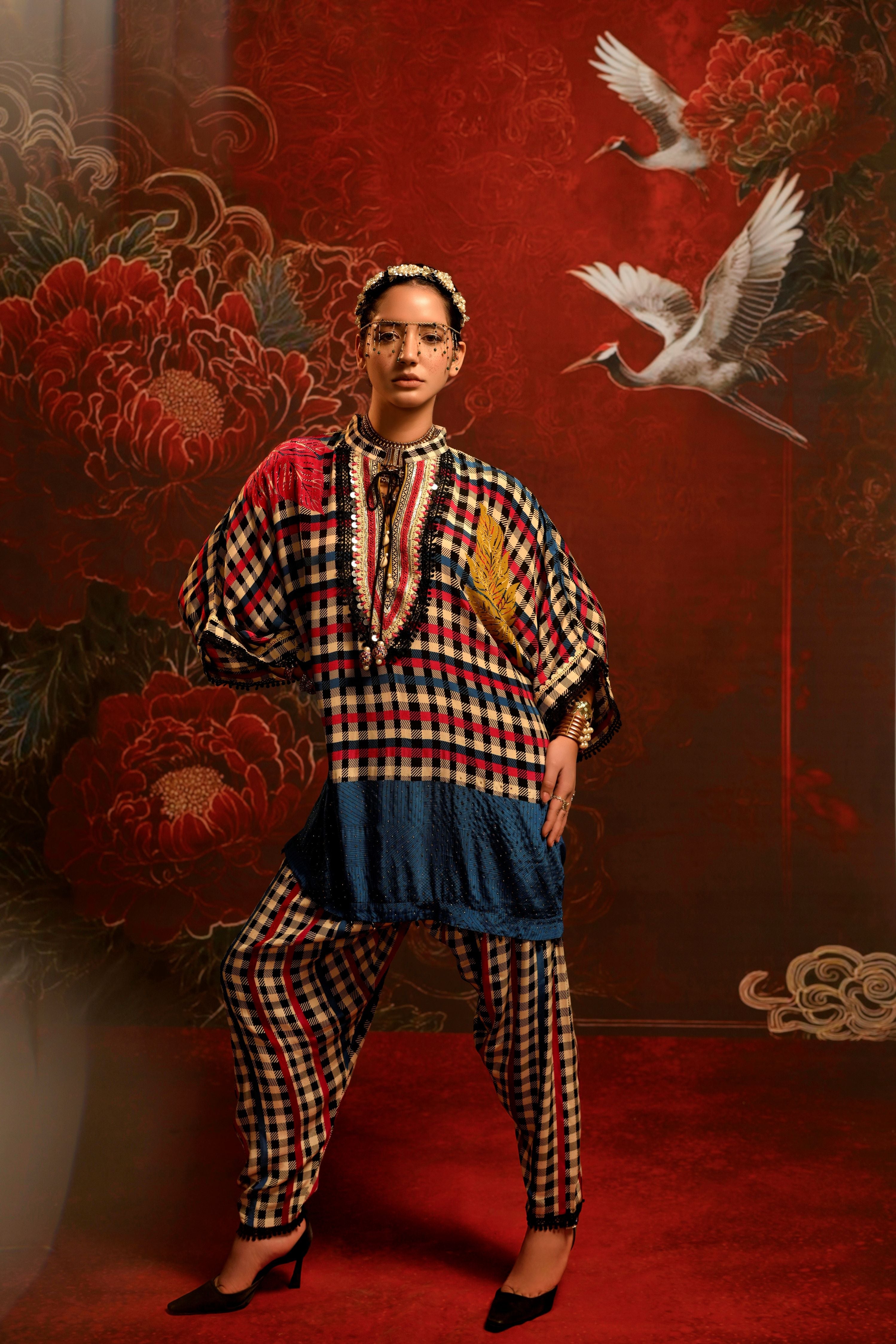 Cerulean Gingham Printed Crepe Silk Co-Ord Set