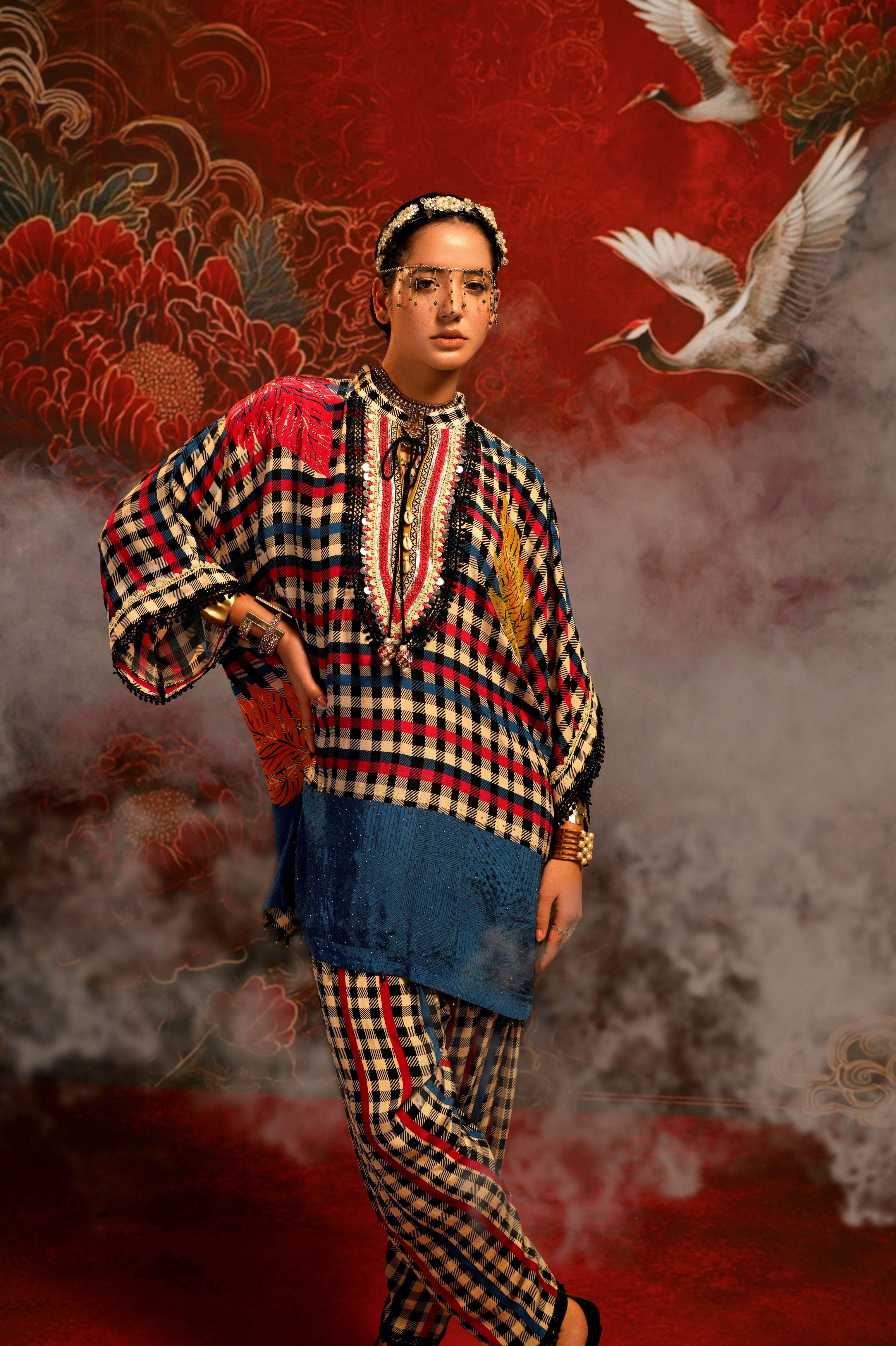Cerulean Gingham Printed Crepe Silk Co-Ord Set