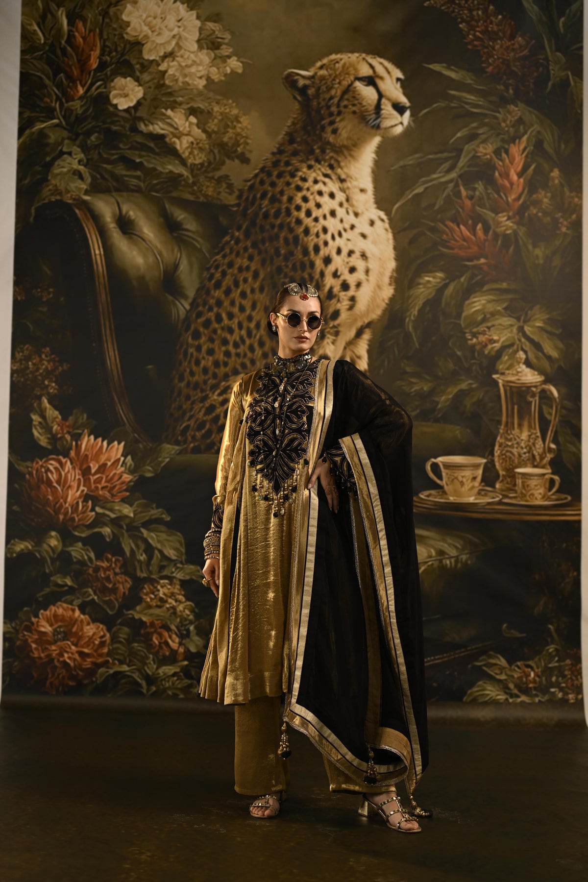 Metallic Gold Embellished Banarasi Tissue Silk Anarkali Set